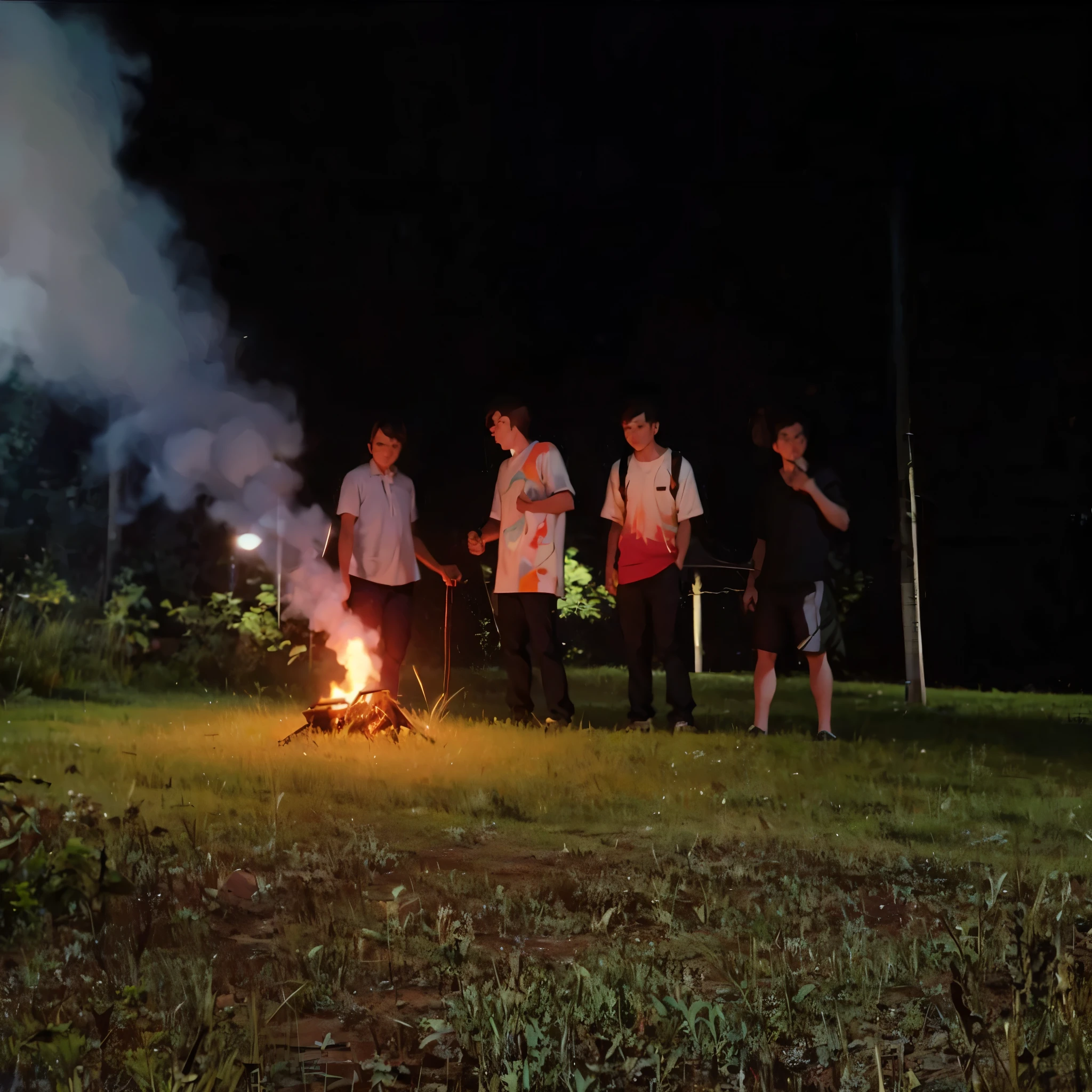 Grass floor, camp fire, 4 men, following the same clothes as in the photo