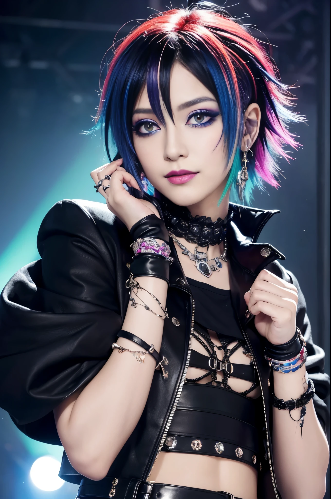 (masterpiece:1.4), (best quality:1.4), ultra high res, ultra high resolution, ((ultra detailed facial features)), HDR, (realistic, photorealistic, photo-realistic:1.37), 1 male, full body Esbian, sexy Swedish male, (-anime), vivid colors, ((vivid colors multicolor (Visual Kei style very short hair))), (big smile), ultra detailed heavy eye-makeup, bold lip-color, long lashes, defined eyebrows, wearing large dramatic Visual Kei jewelery, wearing a Visual Kei cosplay, ((vivid Visual Kei outfit)), layered clothing, look at the camera, cinematic light, rockstar festival stage background with multicolor lights, sweet and sexy pose