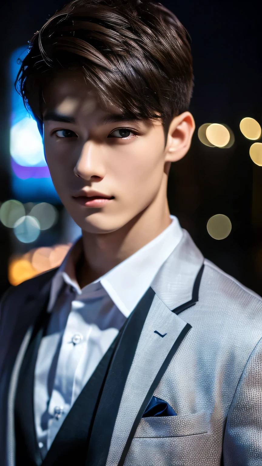 Highest quality, masterpiece, Ultra-high resolution, (Realistic: 1.4), Original photo, wallpaper, Head Photo, skin, Simple Background, Iris, detailed, Selfie, 1 boy, 18-year-old, good looking, Wind,suit、night