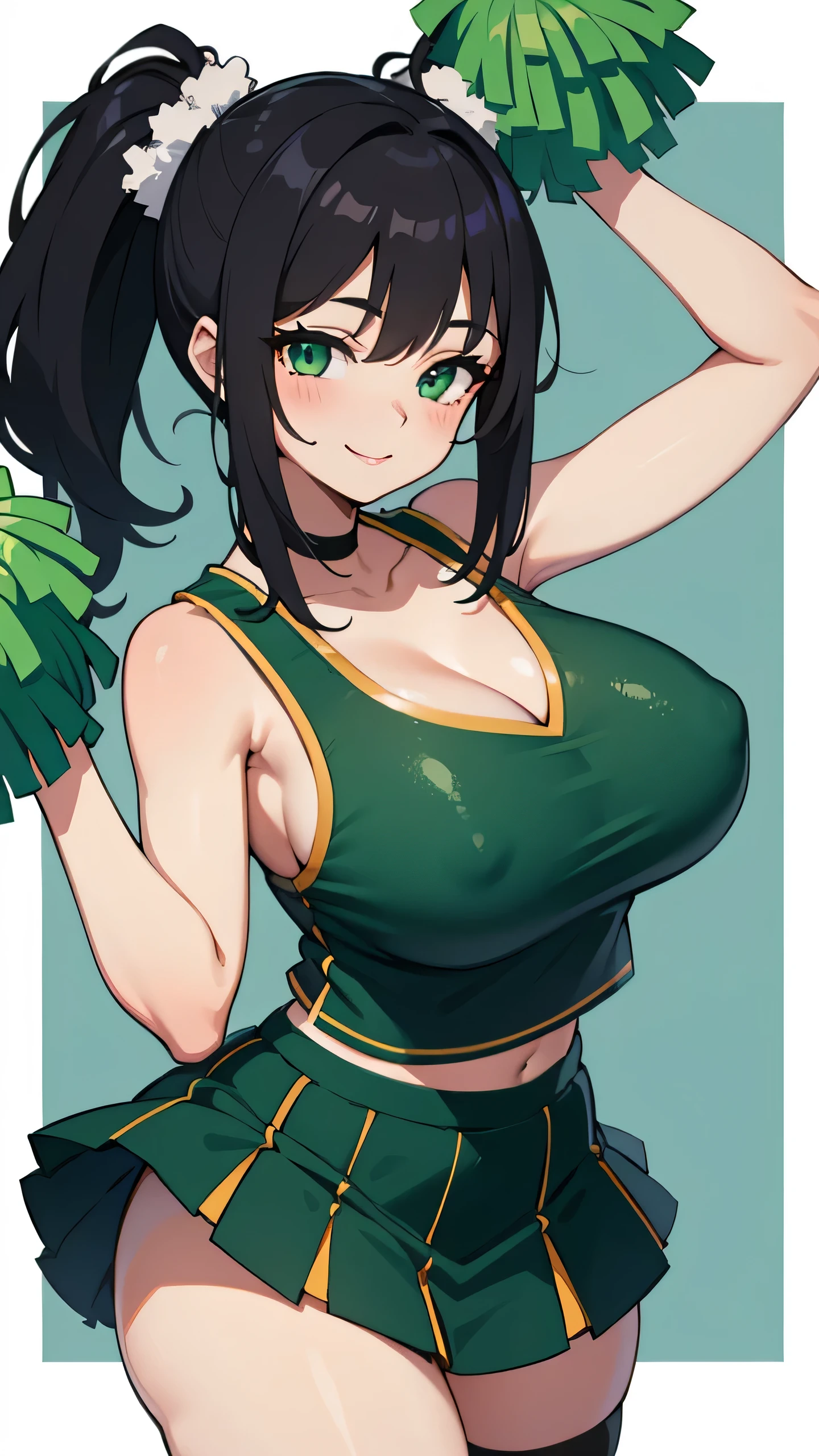 Cheerleader uniform, pom poms, huge breasts, cleavage, smile, black hair, green eyes, seductive eyes, detailed eyes and face, micro skirt, panty peak,