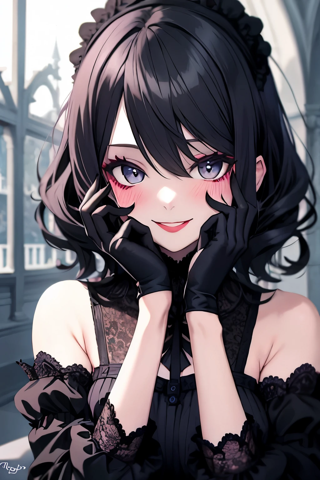 ((Masterpiece, best quality)), 1girl, lace gloves, hands on face, close up, black dress, ruffle trim, blush, goth, goth makeup, smile, mansion