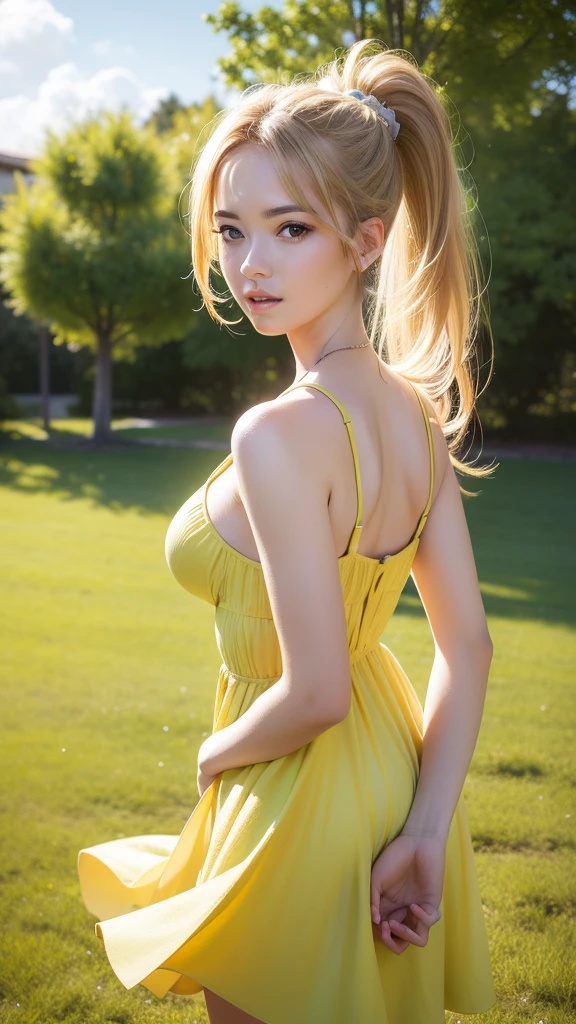 photorealistic,realistic, solo, photorealistic, best quality, ultra high res, 1girl,, , blonde hair in a ponytail, wearing a yellow sundress, breeze blowing through the grass,, , 1girl,, beautiful, masterpiece, best quality, extremely detailed face, perfect lighting, 1girl, solo,, , best quality, ultra high res, photorealistic,, ultra detailed,, masterpiece, best quality, , nancy1,
