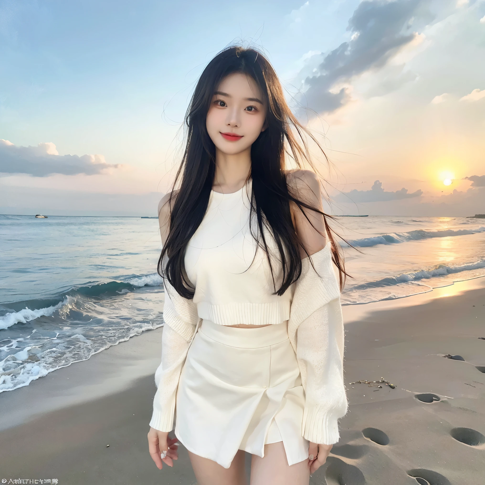 beautiful pretty Japanese women, 25 years old, wearing a mini clean skirt and white top, beach, long hair, the sun make her skin glow and beautiful, slightly smiling, standing, capture to thighs, looking at the camera