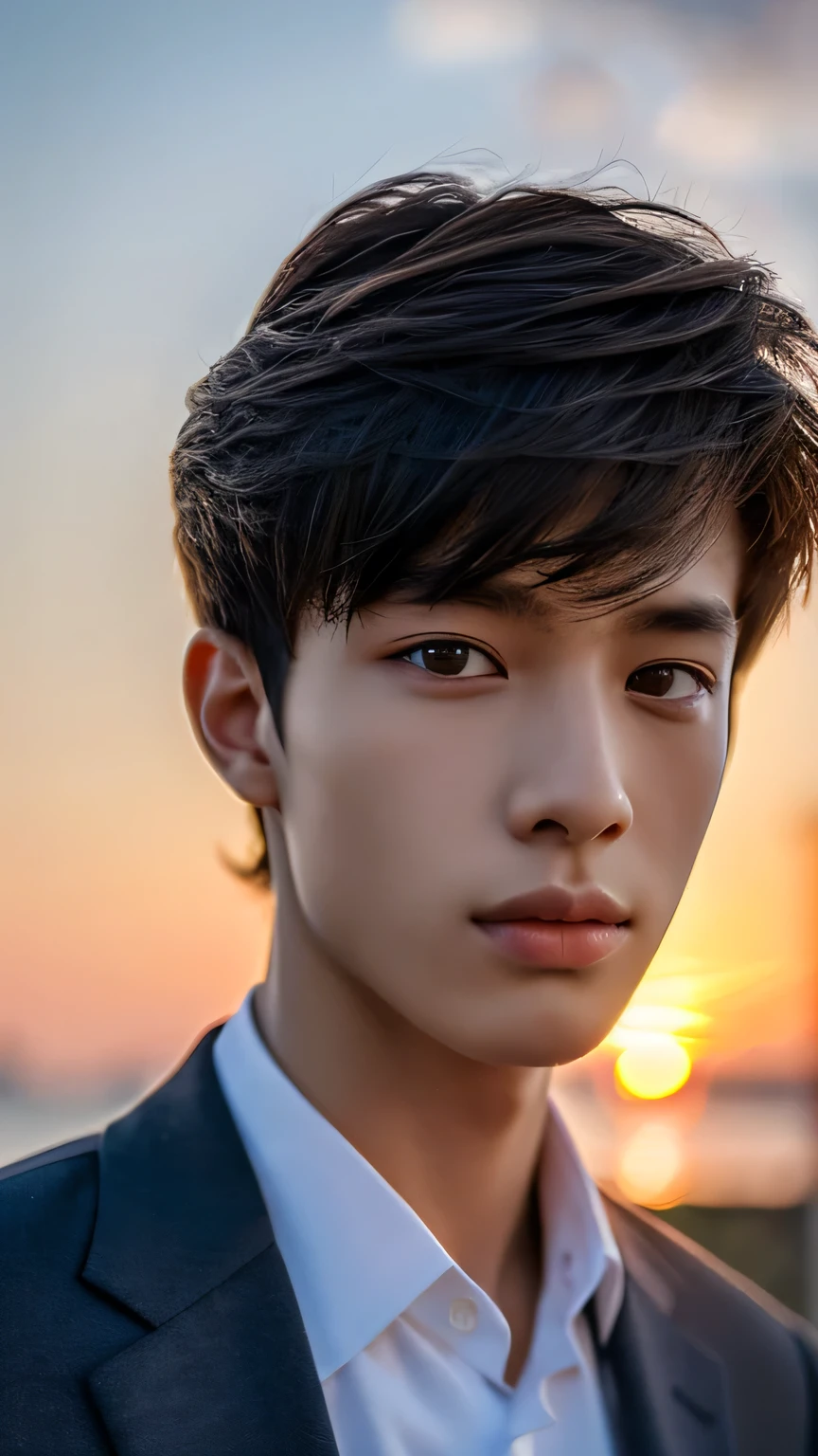 Highest quality, masterpiece, Ultra-high resolution, (Realistic: 1.4), Original photo, wallpaper, Head Photo, skin, Simple Background, Iris, detailed, Selfie, 1 boy, 18-year-old, good looking, Wind,suit、Sunset