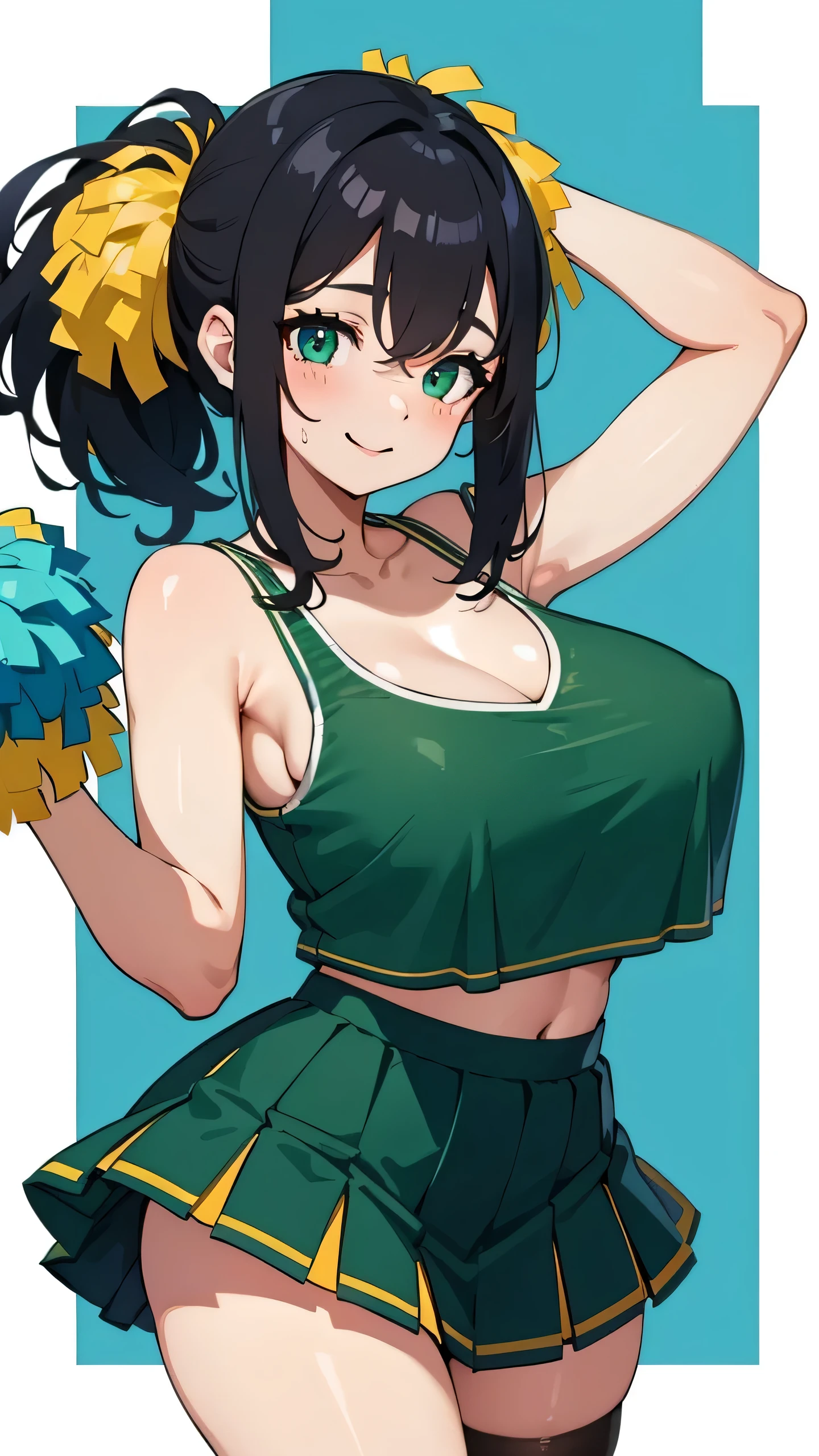 Cheerleader uniform, pom poms, huge breasts, cleavage, smile, black hair, green eyes, seductive eyes, detailed eyes and face, micro skirt, panty peak,