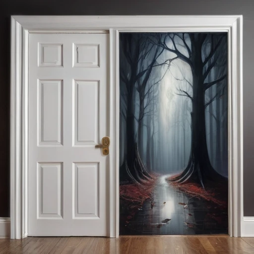 (best quality, super fine, 16k, incredibly absurdres, extremely detailed, 2.5D, delicate and dynamic, three-dimensional effect expressed by light and shade, highres, 8k, masterpiece, immersive atmosphere, film grain)
(a undetailed white door, white door, undetailed door, no details in the center) (Colorful frame around the door, paintings in the wall around, details around, detailed wall, detailed environment, fine detail, optial illusion, complex, hand draw, 3D painting, reality, fantasy art, enhance, intricate, sharp, best quality, masterpiece, Representative work, official art, Professional, 8k, based on the following poem: In the trees I knead the roots and only see my parents—but barely see trees here. In the buildings, I only see the windows and am already in love with what they hide—and I only see Her. In the cars, I only see the shadow and these ghosts haunt me. On the sidewalks, I do not see the viable paths you saw when we were together. And yes, in my house, I no longer see you, I do not dream much. In my hand, I do not see yours and I am already unique. In these fingerprints, I only see the typing touching the world. That I only see another randomly the same first moment—and second, and second, and minute, and I pray, and hour, and delay, night falls, day, and without a sister in the family, I am, week, at my mercy, nothing is mine, month, without a master, semester, without a plan, year, year and a half, without a middle, only an instant... and quickly I descend to the decade. In decadence, I soon reach the decade, and so soon I am already twenty years old...)