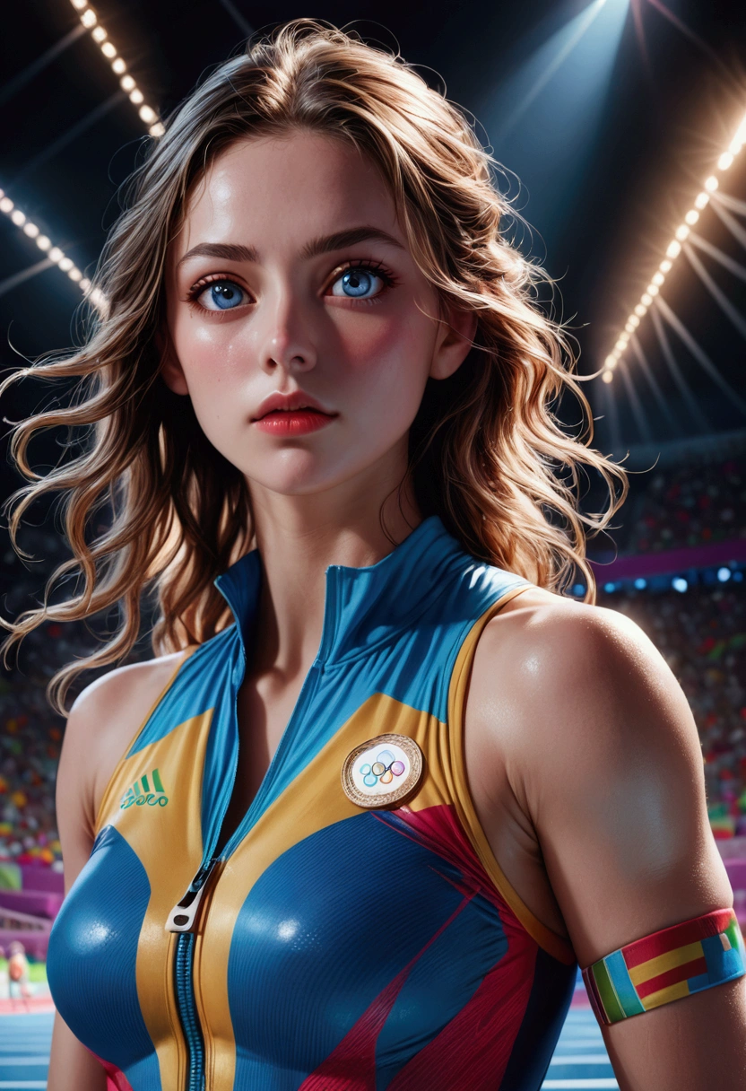 1girl, a cinematic epic scene of the Olympic Games, beautiful detailed eyes, beautiful detailed lips, extremely detailed face and expression, intricate sports equipment, vibrant colorful lighting, dramatic camera angle, studio lighting, hyperrealistic, 8k, photorealistic, award-winning photography, visually stunning, cinematic composition, masterpiece, best quality, very aesthetic, absurdres