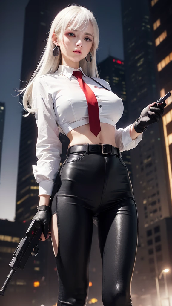 1girl, close up shot, (white hair, medium hair, large breasts, red eyes), perfect anatomy, city, cyberpunk style, ((white shirt, black jacket, black skirt, navel, belt, black gloves, neck tie, wrist watch, earrings, see through black leggings)), ((holding gun)), war, ruined city, battle field, rubble, buildings,cigarette