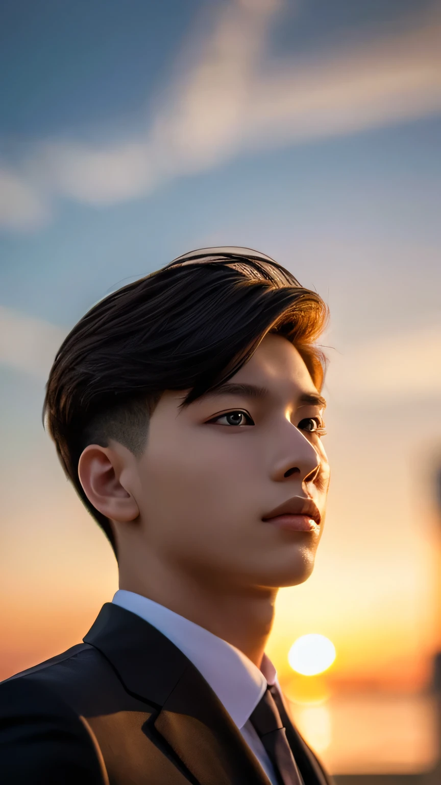 Highest quality, masterpiece, Ultra-high resolution, (Realistic: 1.4), Original photo, wallpaper, Head Photo, skin, Simple Background, Iris, detailed, Selfie, 1 boy, 18-year-old, good looking, Wind,suit、Sunset