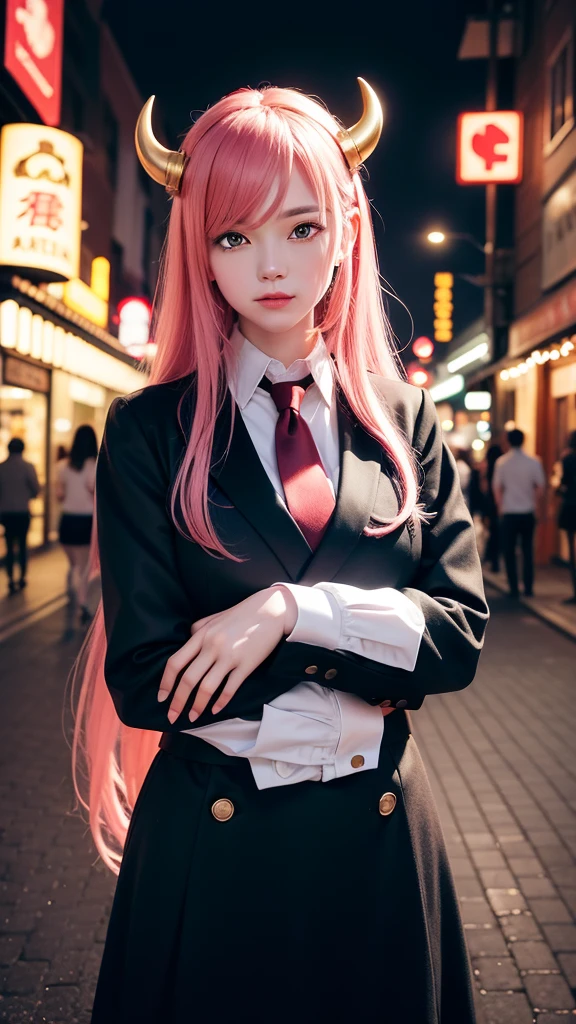 1girl, long pink hair, red horns, white collared shirt, black necktie, light smile, yellow eyes, corneo_power,, buildings,shops,town streets, dark sky, scenery,neon signs,night city, japanese lyrics,, , absurdres, detailed eyes, extremely detailed, volumetric lighting, realistic, realistic lighting, 8k, cinematic lighting, depth of field, perfect, hyper-detailed, photorealistic, ultra realistic, realistic light, hard lighting, intricate details, stop motion, tonemapping, sharp focus, hyper detailed,