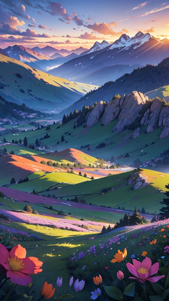 landscape of flowers at sunset in the mountains