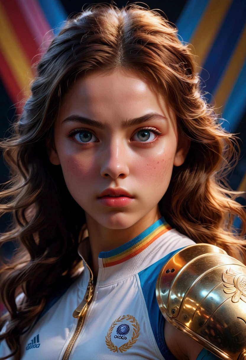 1girl, a cinematic epic scene of the Olympic Games, beautiful detailed eyes, beautiful detailed lips, extremely detailed face and expression, intricate sports equipment, vibrant colorful lighting, dramatic camera angle, studio lighting, hyperrealistic, 8k, photorealistic, award-winning photography, visually stunning, cinematic composition, masterpiece, best quality, very aesthetic, absurdres