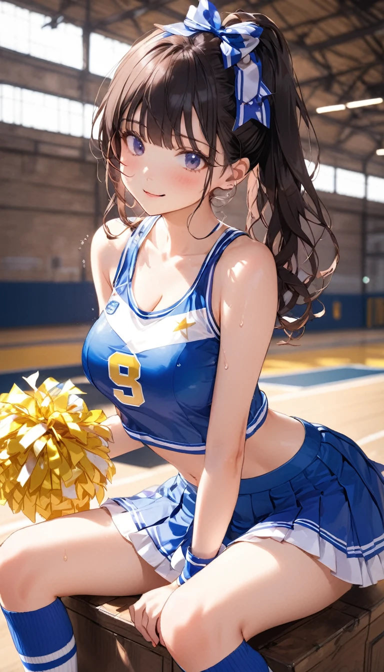 高いquality illustration, masterpiece, Very delicate and beautiful, Attractive girl,(Cheerleaderのコスチューム,Super mini pleated skirt,Knee-high socks、Underskirt),Sweaty,Slender body,slim,high school girl,One girl、Dark gymnasium warehouse、sit on a vaulting box、Underskirtが丸見え、Secret secret meetings、Cheerleader,Big Breasts、Flushed Cheeks、Big Breasts、Nice body