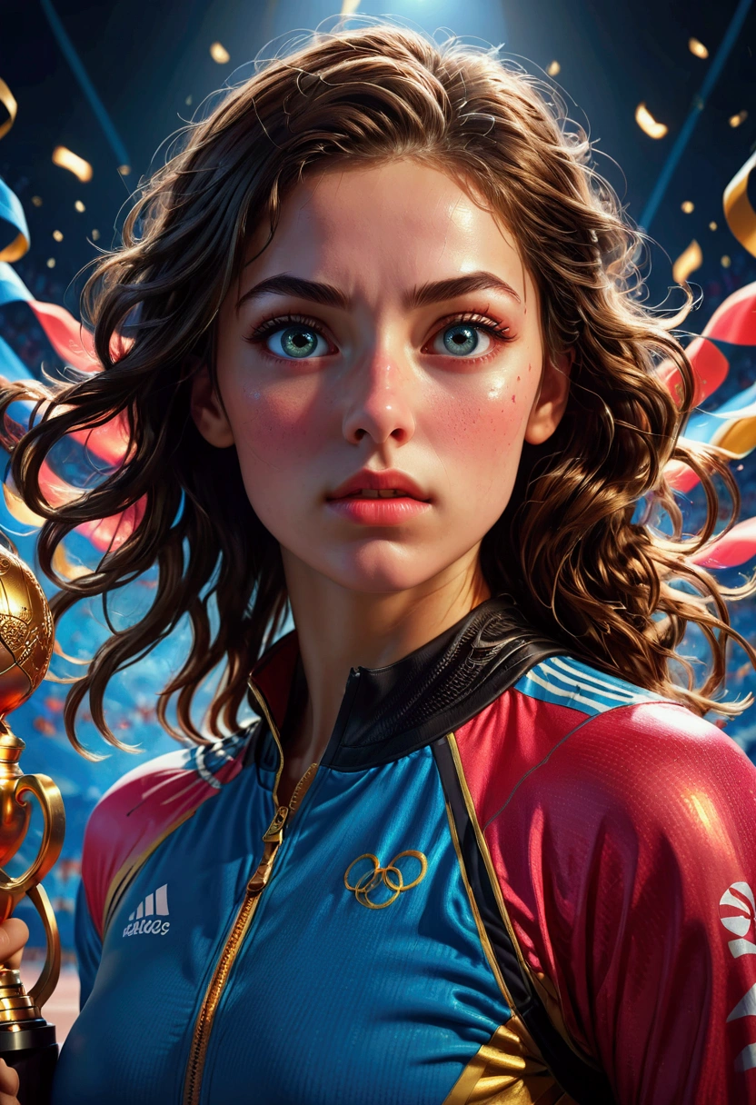 1girl, a cinematic epic scene of the Olympic Games, beautiful detailed eyes, beautiful detailed lips, extremely detailed face and expression, intricate sports equipment, vibrant colorful lighting, dramatic camera angle, studio lighting, hyperrealistic, 8k, photorealistic, award-winning photography, visually stunning, cinematic composition, masterpiece, best quality, very aesthetic, absurdres