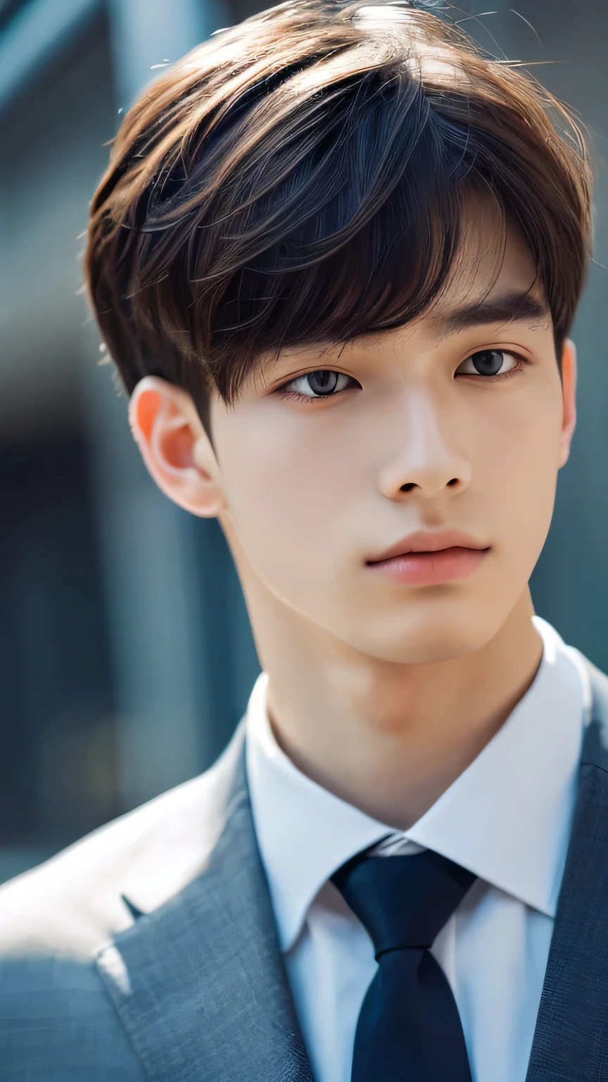 Highest quality, masterpiece, Ultra-high resolution, (Realistic: 1.4), Original photo, wallpaper, Head Photo, skin, Simple Background, Iris, detailed, Selfie, 1 boy, 18-year-old, good looking, Wind,suit