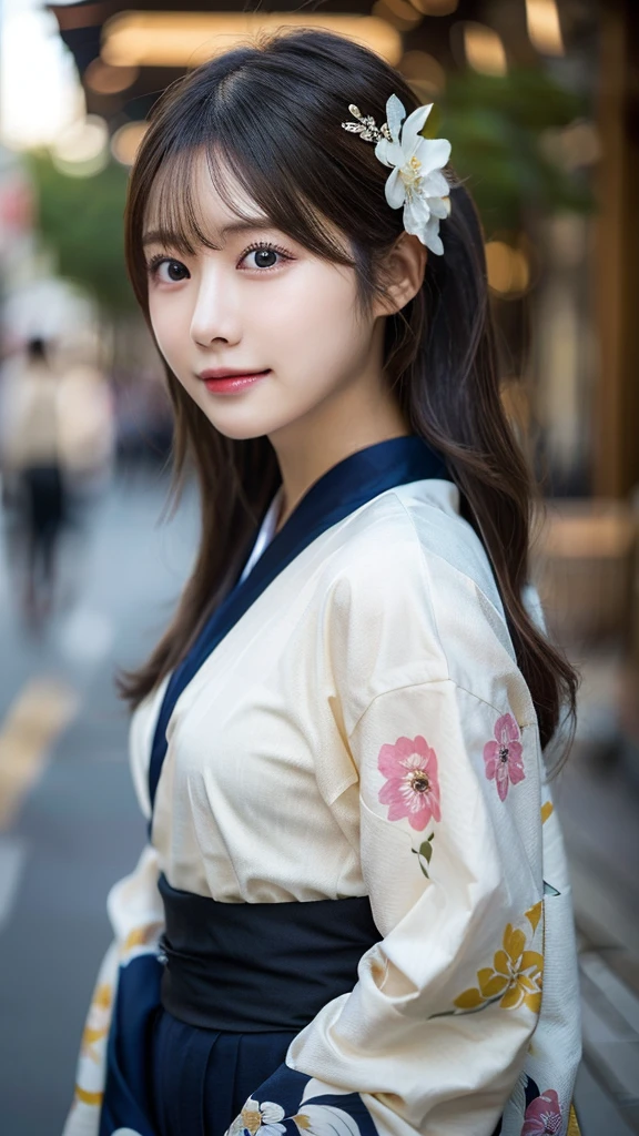 （(Kimono)）、randome pose、(top-quality,​masterpiece:1.3,超A high resolution,),(ultra-detailliert,Caustics),(Photorealsitic:1.4,RAW shooting,)Ultra-realistic capture,A highly detailed,High resolution 16K human skin close-up、 Skin texture is natural、、The skin looks healthy with an even tone、 Use natural light and color,女の子1人,japanes,24 year old,kawaii,A dark-haired,Middle hair,,smil,,(depth of fields、chromatic abberation、、Wide range of lighting、Natural Shading、)、