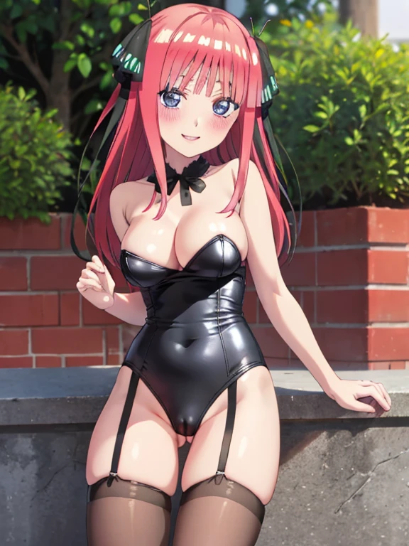 best quality, insanely detailed, nino nakano, breasts, blush, outdoor background, bare-shoulder, looking at viewer, garter strap, a black ribbon, pantyhose, highleg leotard, pussy, smile