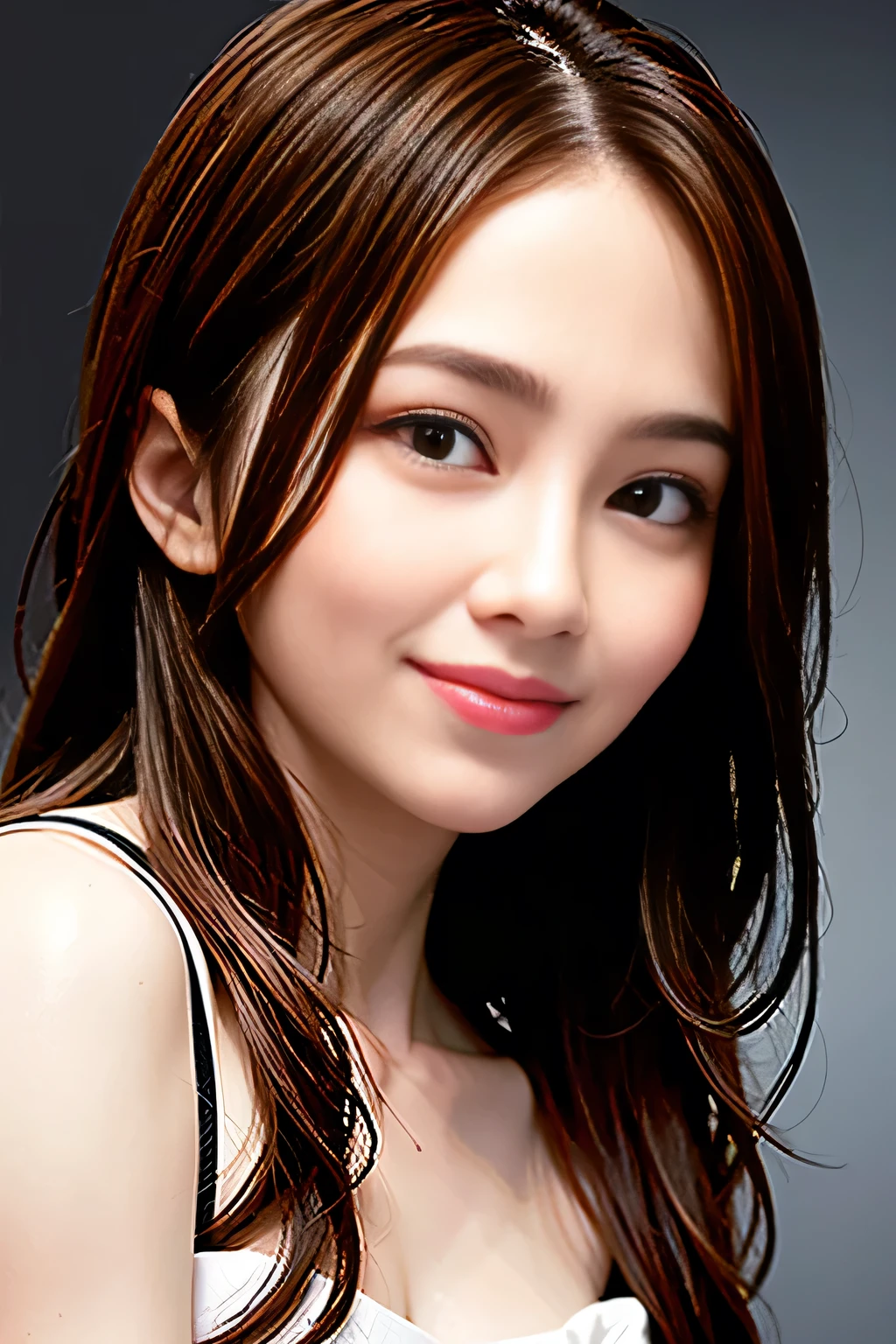 (8k, High resolution, High resolution), ((((photograph, RAWphotograph, Hyperrealism, masterpiece, Highest quality, ultra High resolution)))), (Pin Light, Backlight, Backlight, Cinematic Light), Sharp focus:1. 4, (Hyper Detail, In detail), face close, close,
One girl, Egg-shaped face, have big, beautiful cat-like eyes, Cute button nose, Small, cute, plump lips, Thick eyebrows and long, beautiful eyelashes. Transparent throughout makeup, Apply a touch of pink to your cheeks、Put on some lip gloss. Her hairstyle is long and wavy..