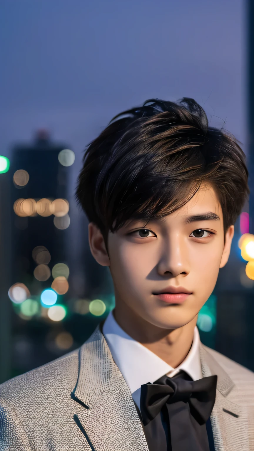 Highest quality, masterpiece, Ultra-high resolution, (Realistic: 1.4), Original photo, wallpaper, Head Photo, skin, Simple Background, Iris, detailed, Selfie, 1 boy, 18-year-old, good looking, Wind,suit、night