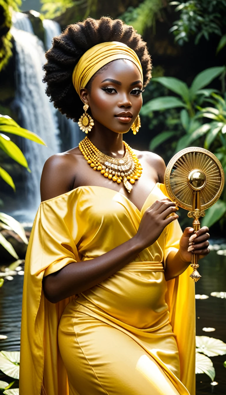 "A radiant and elegant depiction of Oxum, the Yoruba orixá of fresh water, fertility, love, and beauty. She is portrayed as a beautiful African woman, dressed in flowing yellow and gold robes adorned with intricate jewelry, symbolizing wealth and prosperity. Oxum is shown holding a fan and a mirror, reflecting her association with beauty and self-reflection. The background features a lush riverbank with cascading waterfalls and blooming flowers, representing her dominion over fresh waters. The scene is filled with warmth and light, capturing her nurturing and loving essence."