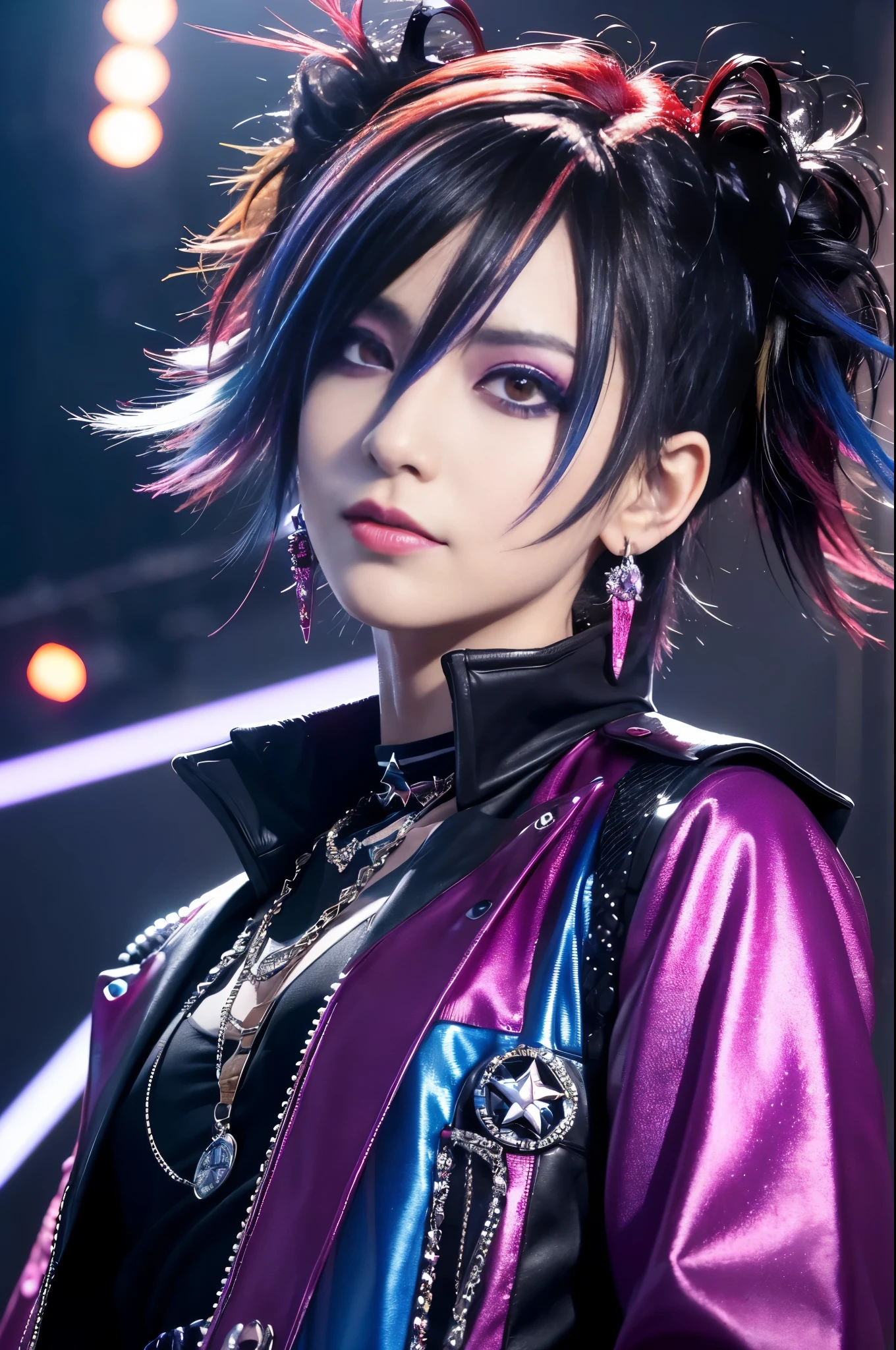 (masterpiece:1.4), (best quality:1.4), ultra high res, ultra high resolution, ((ultra detailed facial features)), HDR, (realistic, photorealistic, photo-realistic:1.37), 1 man, full body Esbian, sexy Japanese male, (-anime), vivid colors, ((vivid colors multicolor (Visual Kei style very short hair))), (big smile), ultra detailed heavy eye-makeup, bold lip-color, long lashes, defined eyebrows, wearing large dramatic Visual Kei jewelery, wearing a Visual Kei cosplay, ((vivid Visual Kei outfit)), layered clothing, look at the camera, cinematic light, rockstar festival stage background with multicolor lights, sweet and sexy pose