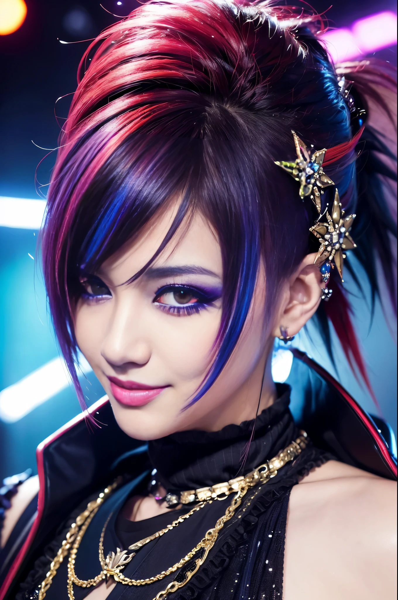 (masterpiece:1.4), (best quality:1.4), ultra high res, ultra high resolution, ((ultra detailed facial features)), HDR, (realistic, photorealistic, photo-realistic:1.37), 1 man, full body Esbian, sexy Japanese male, (-anime), vivid colors, ((vivid colors multicolor (Visual Kei style spikes very short hair))), (big smile), ultra detailed glam rock makeup, bold lipstick, long lashes, defined eyebrows, wearing large dramatic Nana Visual Kei jewelery, wearing a Nana Visual Kei cosplay, ((vivid Nana Visual Kei outfit)), layered clothing, look at the camera, cinematic light, rockstar festival stage background with multicolor lights, sweet and sexy pose