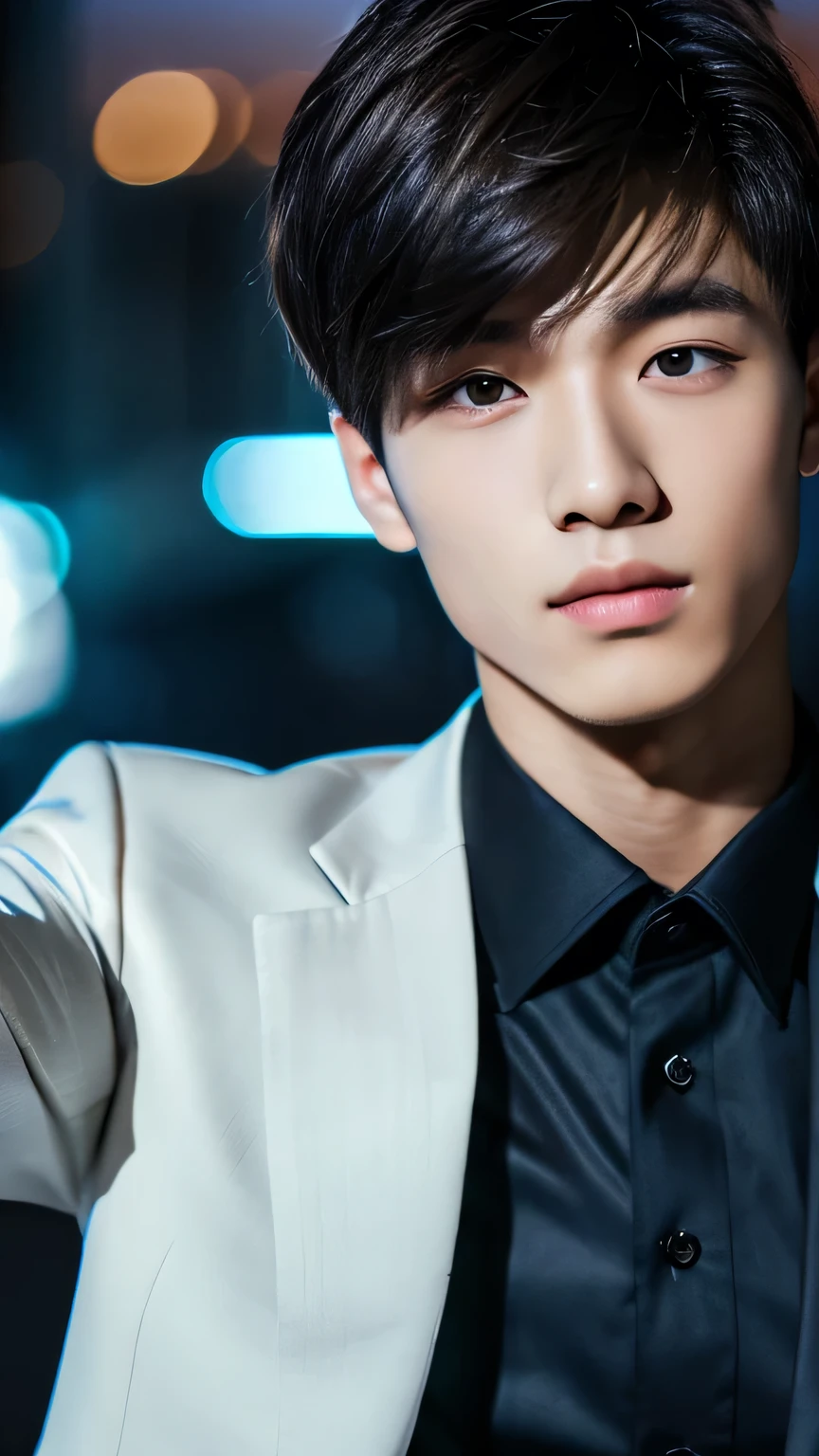 Highest quality, masterpiece, Ultra-high resolution, (Realistic: 1.4), Original photo, wallpaper, Head Photo, skin, Simple Background, Iris, detailed, Selfie, 1 boy, 18-year-old, good looking, Wind,suit、night