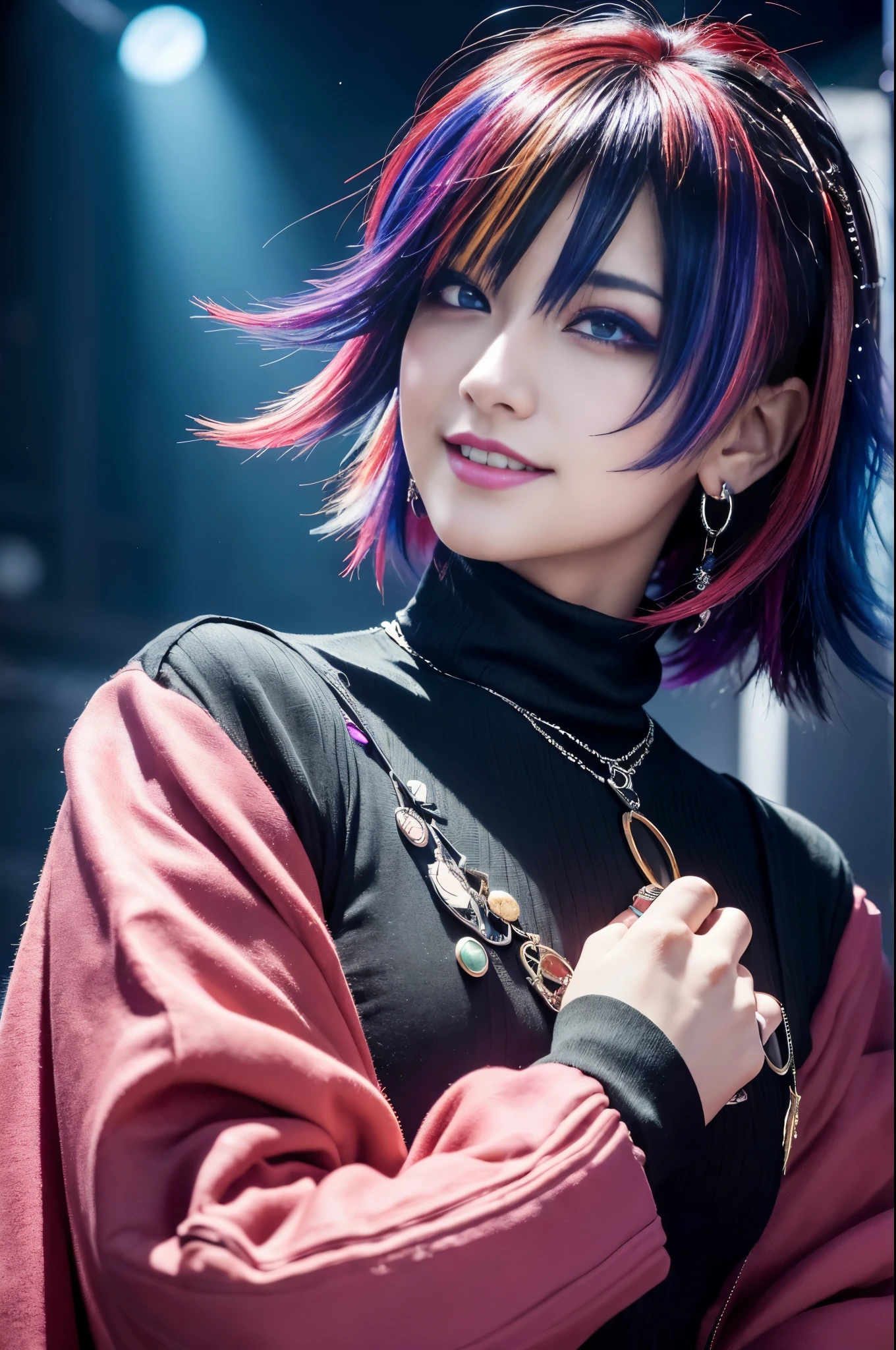 (masterpiece:1.4), (best quality:1.4), ultra high res, ultra high resolution, ((ultra detailed facial features)), HDR, (realistic, photorealistic, photo-realistic:1.37), 1 man, full body Esbian, sexy Japanese male, (-anime), vivid colors, ((vivid colors multicolor (Visual Kei style very short hair))), (big smile), ultra detailed heavy eye-makeup, bold lip-color, long lashes, defined eyebrows, wearing large dramatic Visual Kei jewelery, wearing a Visual Kei cosplay, ((vivid Visual Kei outfit)), layered clothing, look at the camera, cinematic light, rockstar festival stage background with multicolor lights, sweet and sexy pose