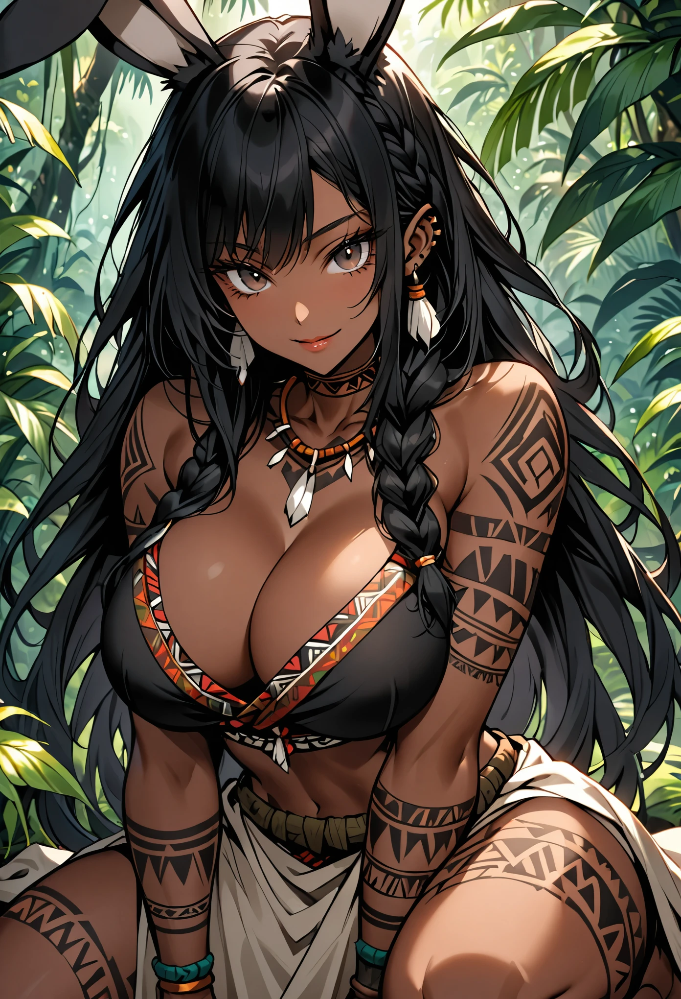 1 girl, (dark skinned female, black hair:1.4), black eyes, tribal girl, tribal accessories, naked, tribal tattoos, smirk, Island background, masterpiece, best quality, nipples 