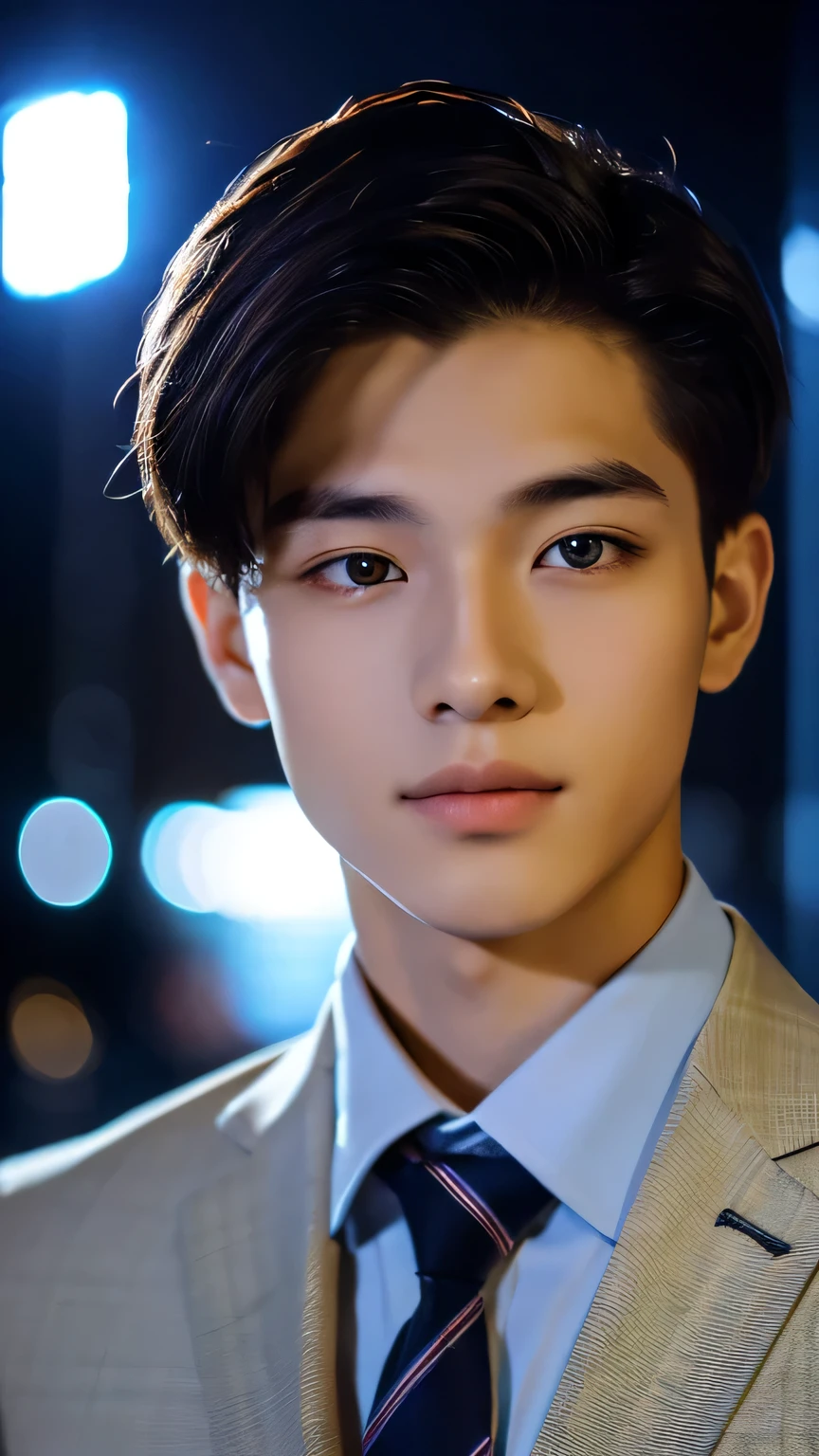 Highest quality, masterpiece, Ultra-high resolution, (Realistic: 1.4), Original photo, wallpaper, Head Photo, skin, Simple Background, Iris, detailed, Selfie, 1 boy, 18-year-old, good looking, Wind,suit、night