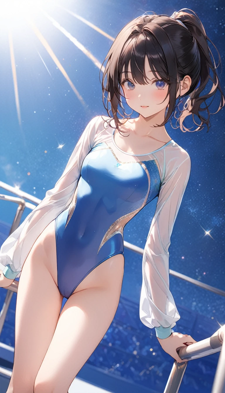 expensivequality illustration, masterpiece, Very delicate and beautiful, Attractive girl,(Gymnastics Leotard,Tight leotard,length_Leotard with sleeves,expensive_Leg leotard,athletic leotard),This is a short, sit on the guardrail,thin,Slender body,slim,high school girl,Outdoor、starry skies、New Gymnastics Department,Delicate girl