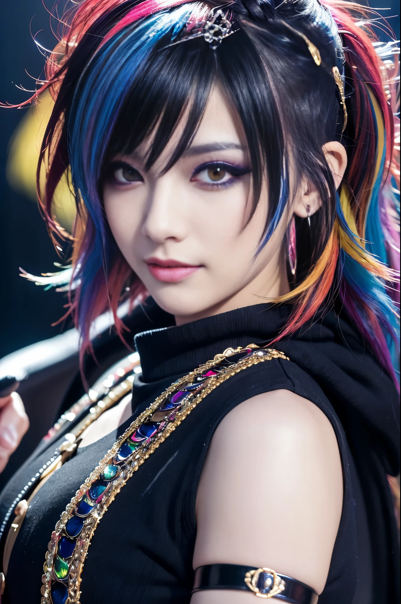 (masterpiece:1.4), (best quality:1.4), ultra high res, ultra high resolution, ((ultra detailed facial features)), HDR, (realistic, photorealistic, photo-realistic:1.37), 1 man, full body Esbian, sexy Vietnamese male, (-anime), vivid colors, ((vivid colors multicolor (Visual Kei style very short hair))), (big smile), ultra detailed Visual Kei eye-makeup, bold lip-color, long lashes, defined eyebrows, wearing large dramatic Visual Kei jewelery, wearing a Visual Kei cosplay, ((vivid Visual Kei outfit)), layered clothing, look at the camera, cinematic light, rockstar festival stage background with multicolor lights, sweet and sexy pose