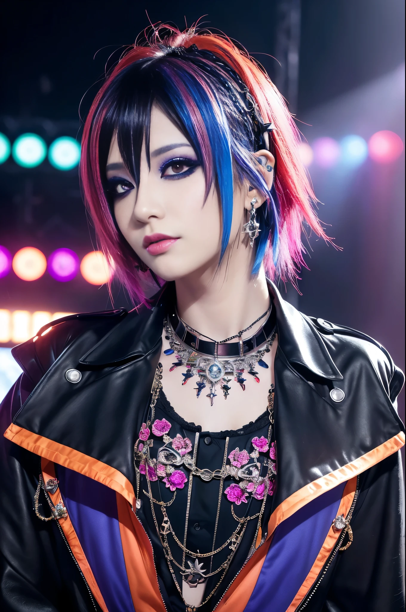 (masterpiece:1.4), (best quality:1.4), ultra high res, ultra high resolution, ((ultra detailed facial features)), HDR, (realistic, photorealistic, photo-realistic:1.37), 1 man, full body Esbian, sexy Japanese male, (-anime), vivid colors, ((vivid colors multicolor (Visual Kei style very short hair))), (big smile), ultra detailed heavy eye-makeup, bold lip-color, long lashes, defined eyebrows, wearing large dramatic Visual Kei jewelery, wearing a Visual Kei cosplay, ((vivid Visual Kei outfit)), layered clothing, look at the camera, cinematic light, rockstar festival stage background with multicolor lights, sweet and sexy pose