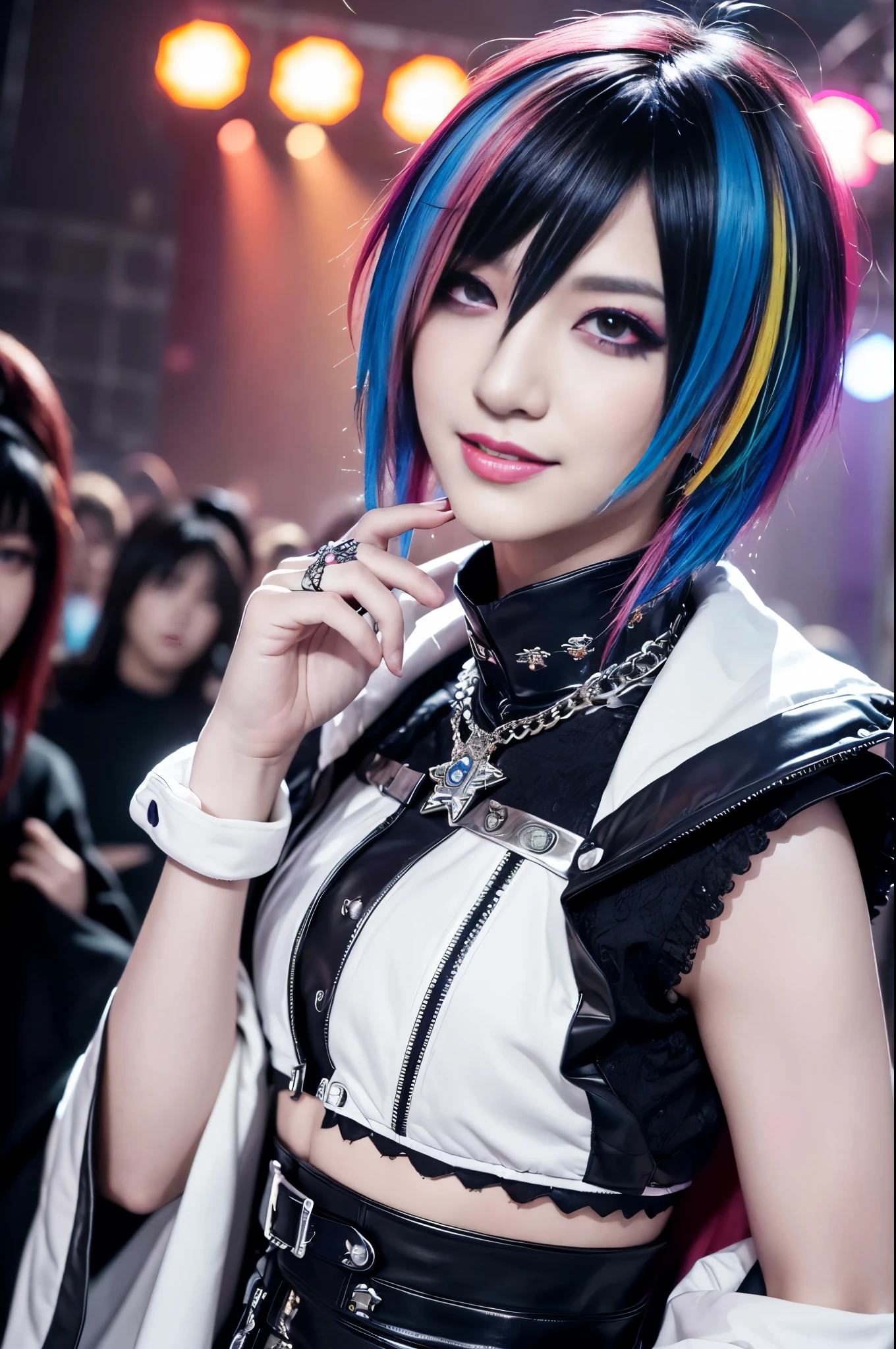 (masterpiece:1.4), (best quality:1.4), ultra high res, ultra high resolution, ((ultra detailed facial features)), HDR, (realistic, photorealistic, photo-realistic:1.37), 1 man, full body Esbian, sexy Japanese male, (-anime), vivid colors, ((vivid colors multicolor (Visual Kei style spikes very short hair))), (big smile), ultra detailed glam rock makeup, bold lipstick, long lashes, defined eyebrows, wearing large dramatic Nana Visual Kei jewelery, wearing a Nana Visual Kei cosplay, ((vivid Nana Visual Kei outfit)), layered clothing, look at the camera, cinematic light, rockstar festival stage background with multicolor lights, sweet and sexy pose