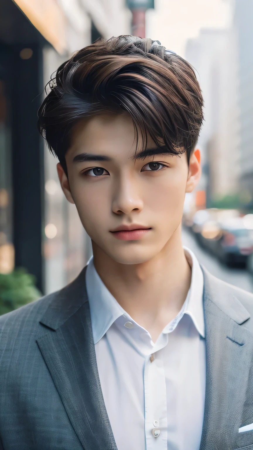 Highest quality, masterpiece, Ultra-high resolution, (Realistic: 1.4), Original photo, wallpaper, Head Photo, skin, Simple Background, Iris, detailed, Selfie, 1 boy, 18-year-old, good looking, Wind,suit、bustling street