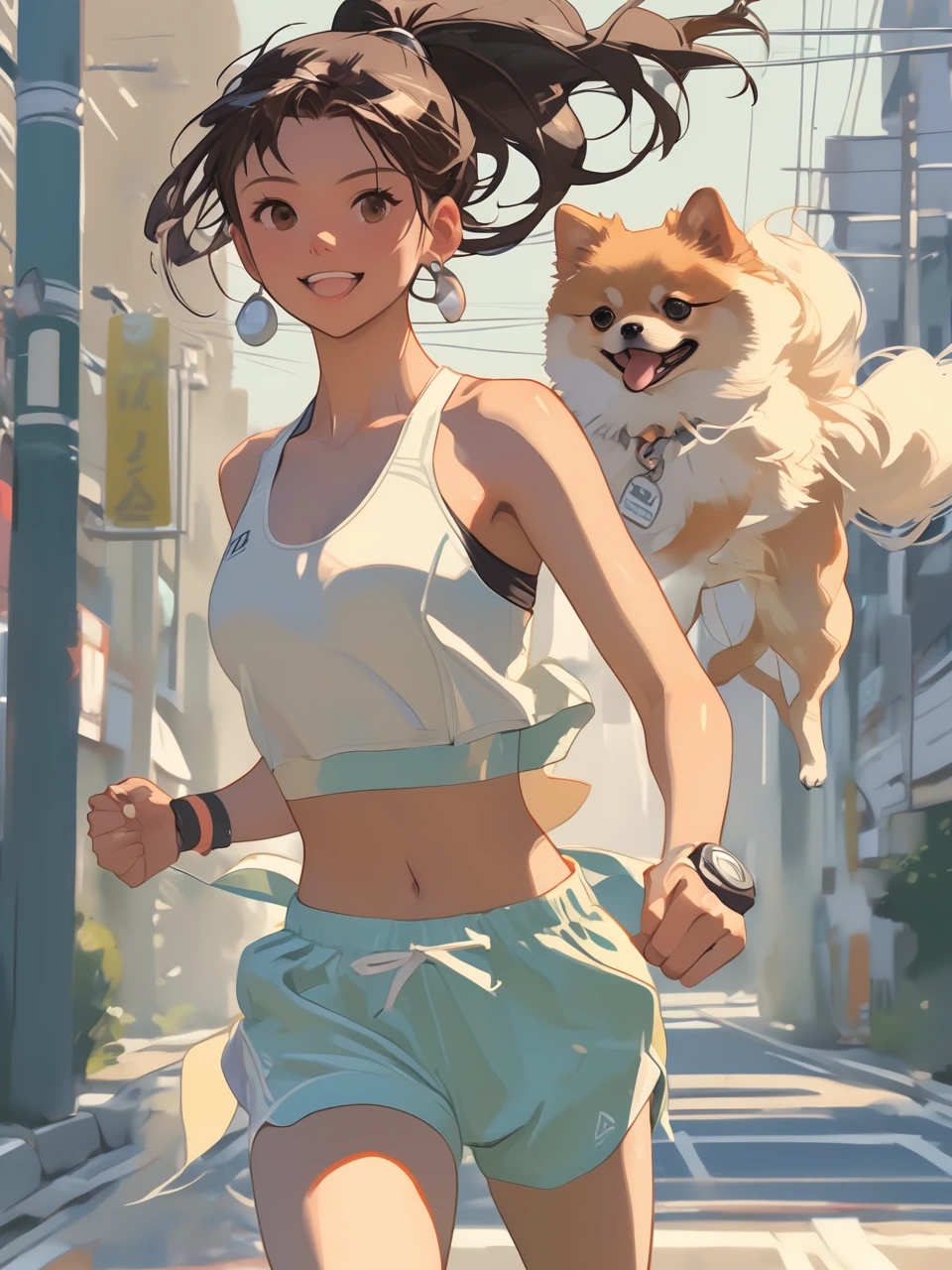 Sexy athlete in sport bra, ponytail, running with a Pomeranian on the street. Style by J.C. Leyendecker. Style by Makoto Shinkai