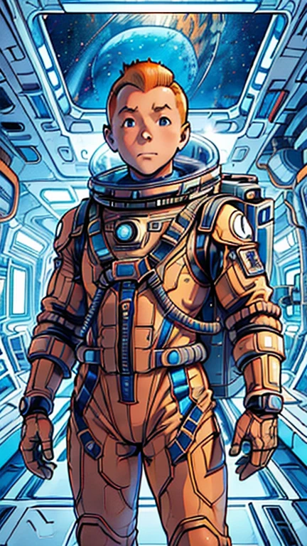 (Teens:1boy: Tintin), (extremely detailed CG unit 8k wallpaper),(master part), (best quality), (ultra detali), (best illustration),(spacesuit), cowboy shot, (Sharp eyeliner, ombre, detailed eyes:1),Dark space station indoors background, ,break , (astronaut in an orange space suit), upper body, short hair, orange hair