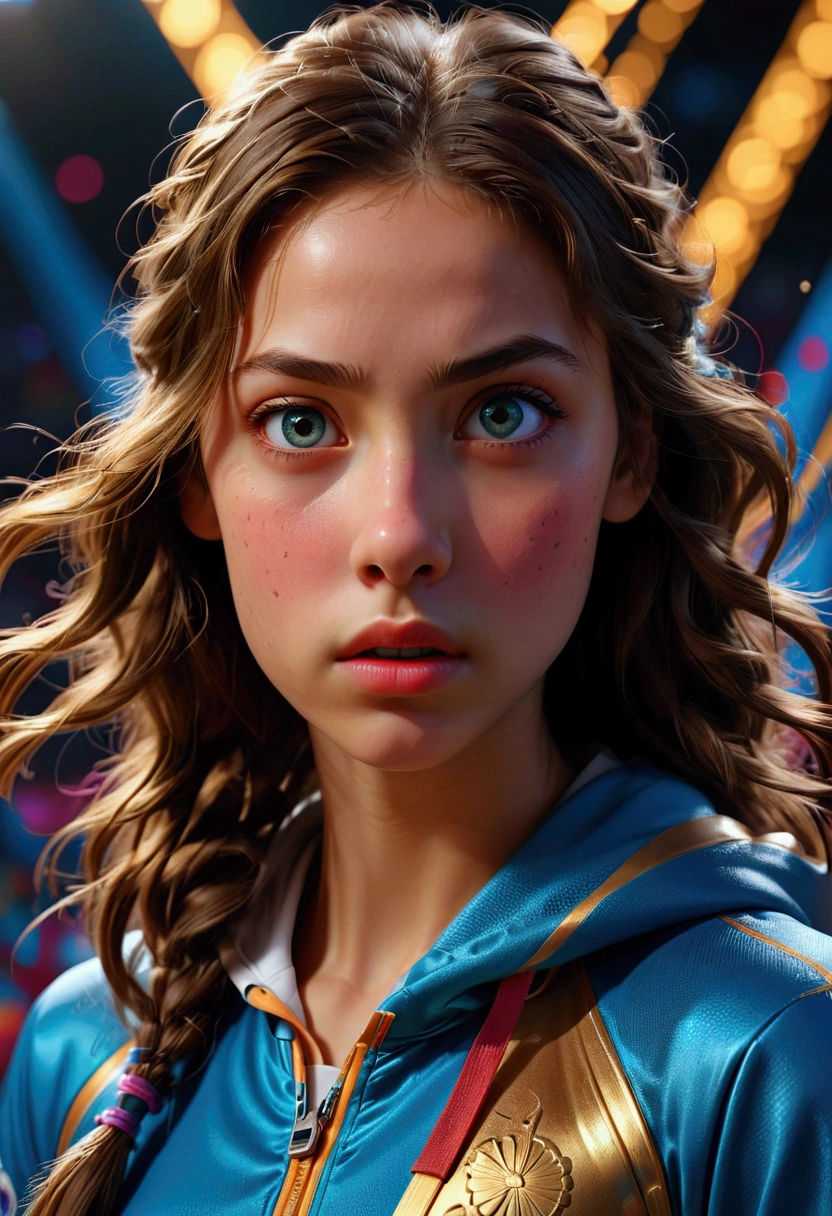 1girl, a cinematic epic scene of the Olympic Games, beautiful detailed eyes, beautiful detailed lips, extremely detailed face and expression, intricate sports equipment, vibrant colorful lighting, dramatic camera angle, studio lighting, hyperrealistic, 8k, photorealistic, award-winning photography, visually stunning, cinematic composition, masterpiece, best quality, very aesthetic, absurdres