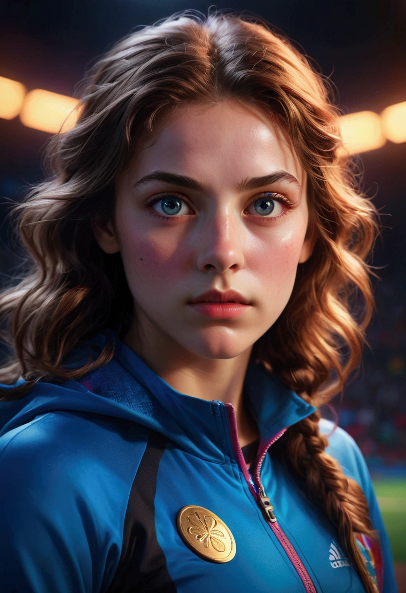 1girl, a cinematic epic scene of the Olympic Games, beautiful detailed eyes, beautiful detailed lips, extremely detailed face and expression, intricate sports equipment, vibrant colorful lighting, dramatic camera angle, studio lighting, hyperrealistic, 8k, photorealistic, award-winning photography, visually stunning, cinematic composition, masterpiece, best quality, very aesthetic, absurdres