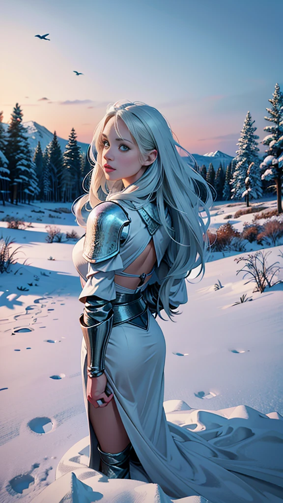 
(Raw photo:1.2), (Photorealistic), Beautiful detailed girl, Very detailed eyes and face, Beautiful detailed eyes, Huge file size, High resolution, Very detailed, Best Quality, [masterpiece:1.6], Illustration, Very detailed, Fine detail, Best Quality, 32K Wallpaper, in a medieval town from a fairy tale , vast blue sky, few white clouds, intricate details, beautiful young female knight, short height, medium breast, gentle smile, sexy bikini armor, full body photo, back view a snowy winter landscape in siberia, snow covered pines, frozen lake, beautiful detailed sky, dramatic lighting, highly detailed, (best quality,4k,8k,highres,masterpiece:1.2),ultra-detailed,(realistic,photorealistic,photo-realistic:1.37),stunning scenery, soft lighting, atmospheric, cinematic composition, muted color palette, cold tones
