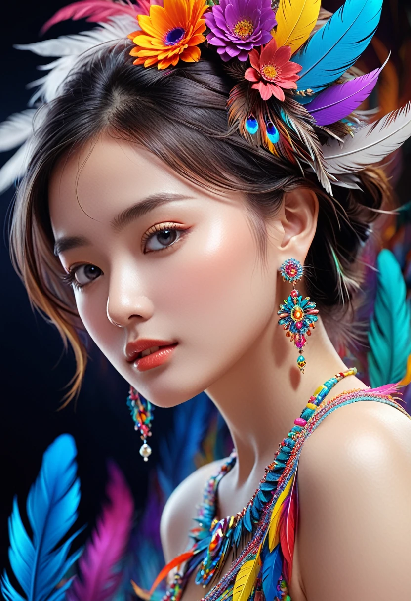 ((Fractal Art)),((masterpiece,Highest quality,Very detailed,Ultra-high resolution,Detailed Background)),(((Abstract background))),(One girl),((colorful)),Flowers,(Glowing Skin),((Many colors)),(Earrings),feather