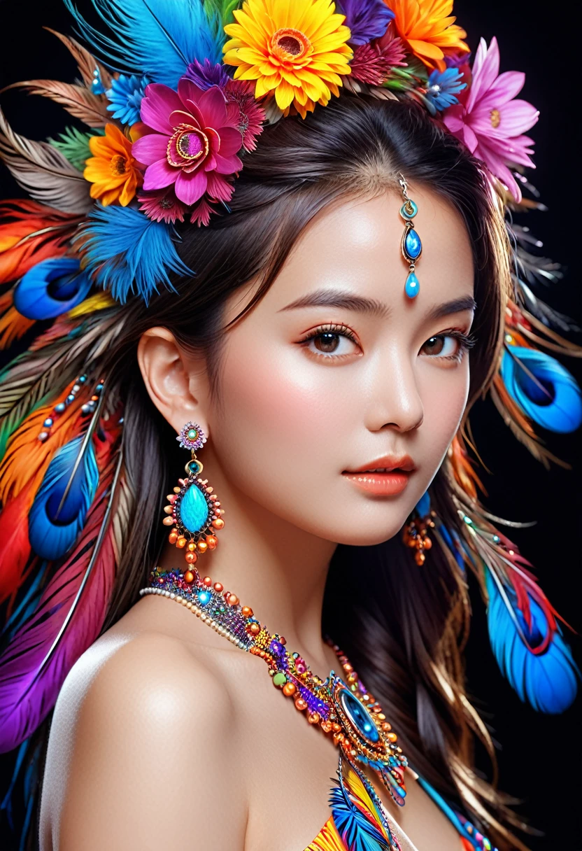 ((Fractal Art)),((masterpiece,Highest quality,Very detailed,Ultra-high resolution,Detailed Background)),(((Abstract background))),(One girl),((colorful)),Flowers,(Glowing Skin),((Many colors)),(Earrings),feather