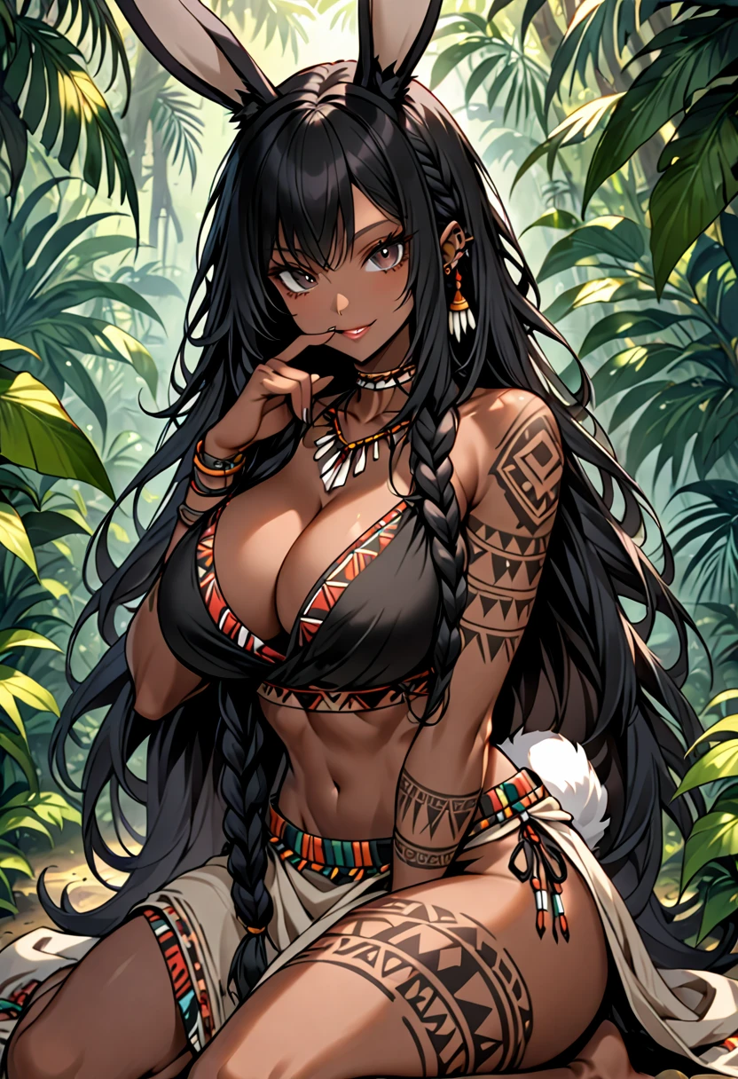 female, huge black rabbit ears, floppy rabbit ears, dark skin, black hair, very long hair, braided hair, huge breasts, tribal clothes, tribal tattoos, sackcloth clothes, thick thighs:0.4, teasing smile, kneeling, jungle, black eyes, abs, bare midriff, cleavage, heaving breasts, bust close up, from the waist up, looking at viewer, black fluffy ears, parted lips, finger on lips, huge fluffy black rabbit tail:0.4