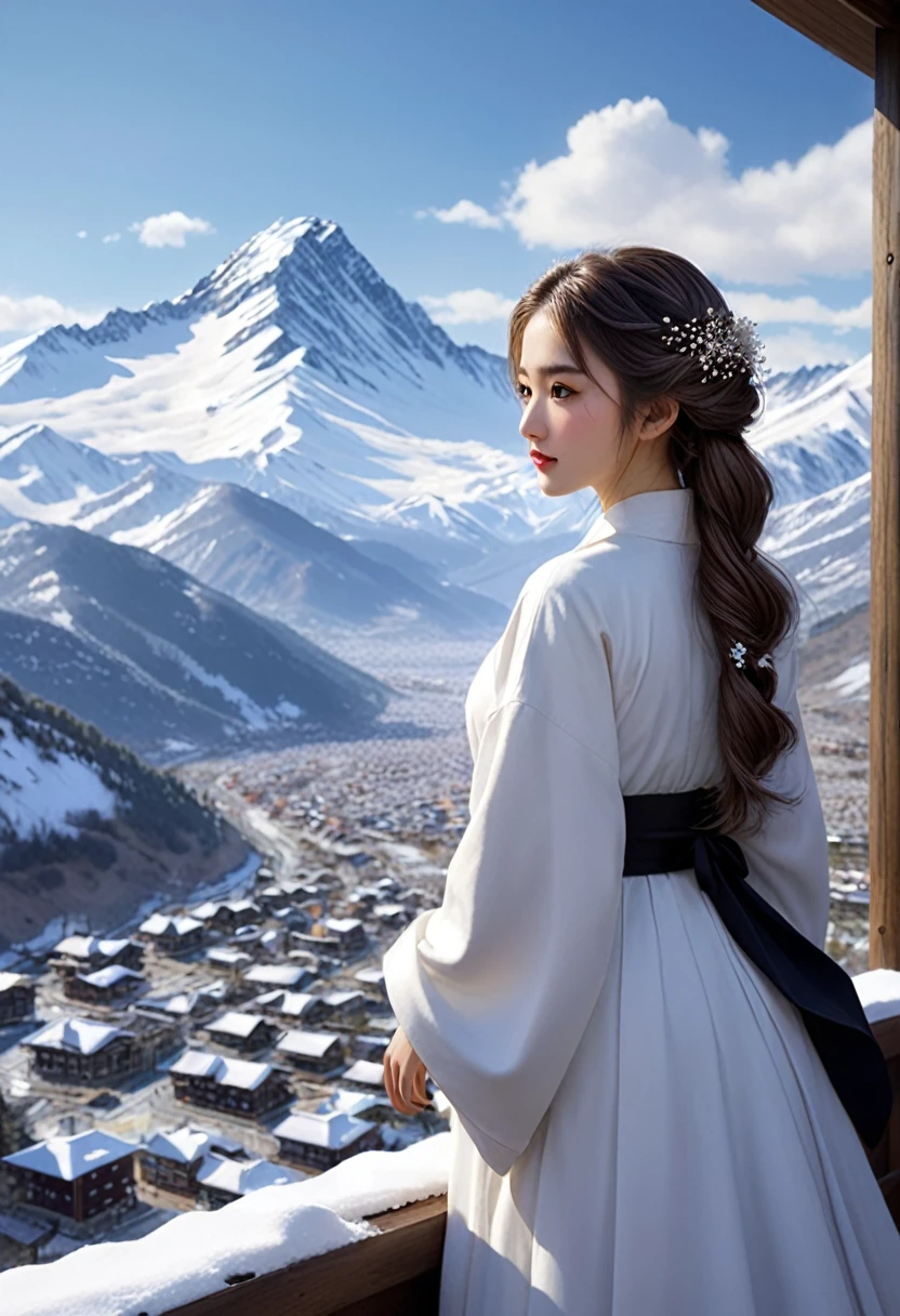 ((masterpiece)),Highest quality, figure, dark, One girl, In the wilderness,A tall mountain,Snow-capped mountains visible in the distance々, city, Beautiful attention to detail,  Beautiful detailed hair,