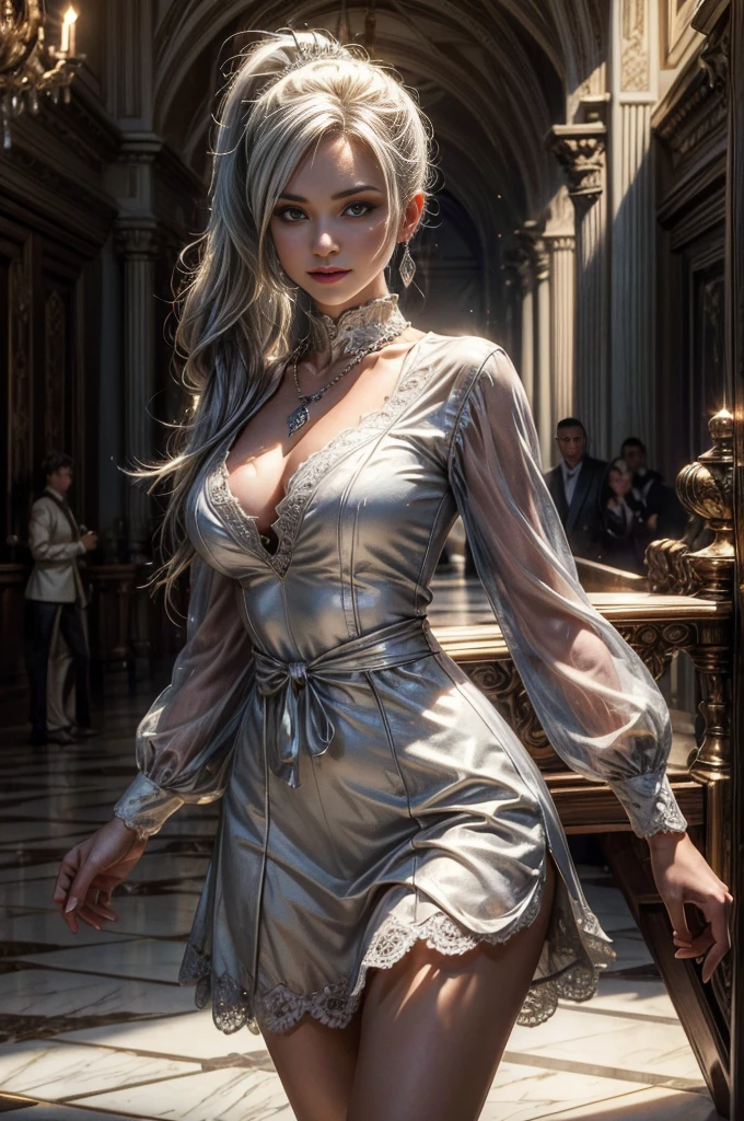 (masterpiece, best quality:1.2), cowboy shot, dynamic pose, weissvale, smile, closed mouth, looking at viewer, long white hair, side ponytail, scar above eye, scar below eye, silver dress, jewelry, necklace, earrings, future_urban, indoors, standing inside ornate palace, elegant crowd, marble floor, chandeliers, arch, pillars, (volumetric lighting), intricate details, tonemapping, sharp focus, hyper detailed