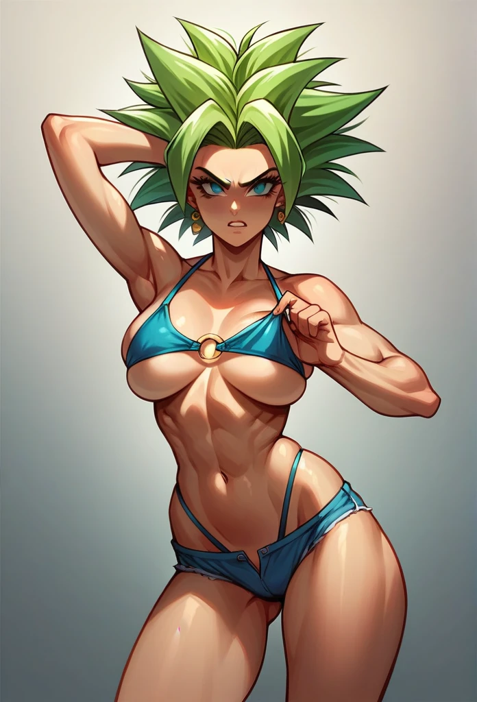 Create Kefla with extravagant breasts that stand out from all over her body in a tight short bikini that highlights her breasts and in super sayayin 4