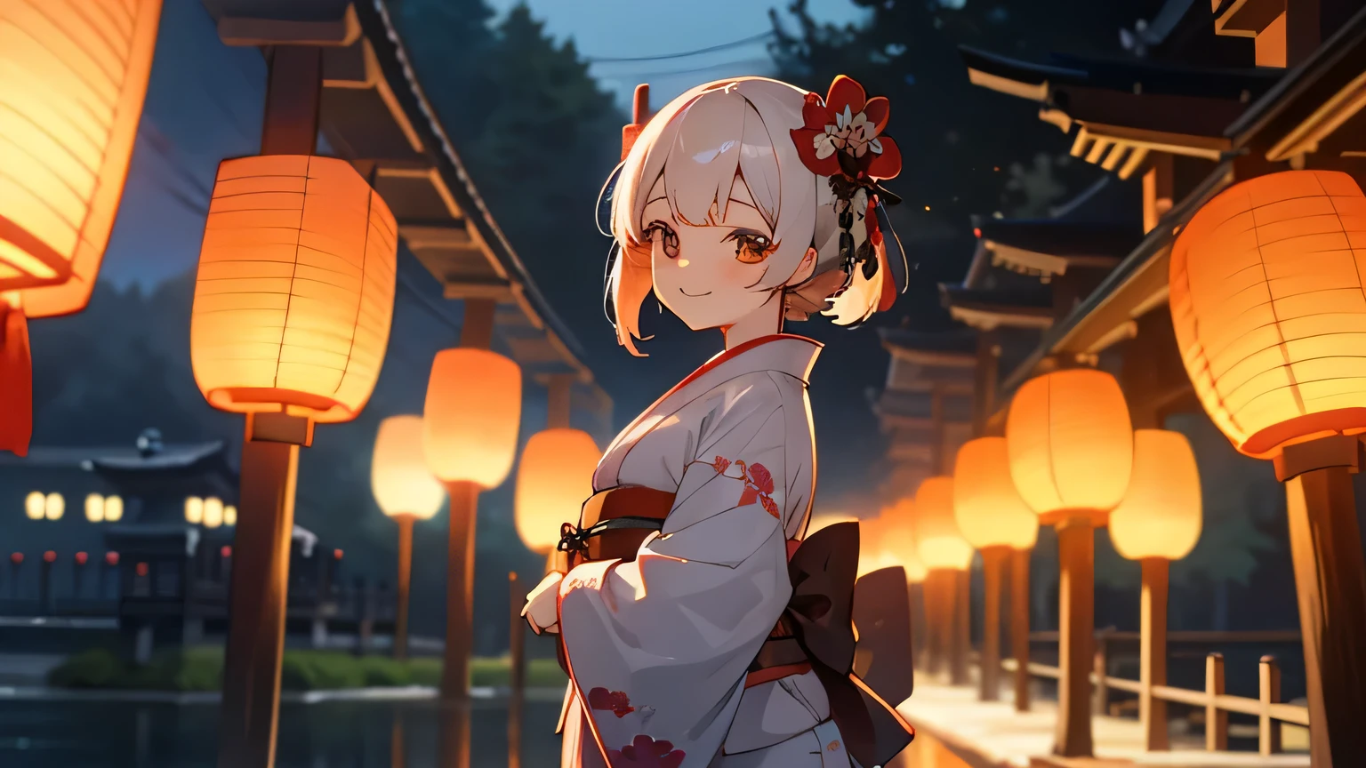 Lantern festival, kimono, smile, Japanese girl