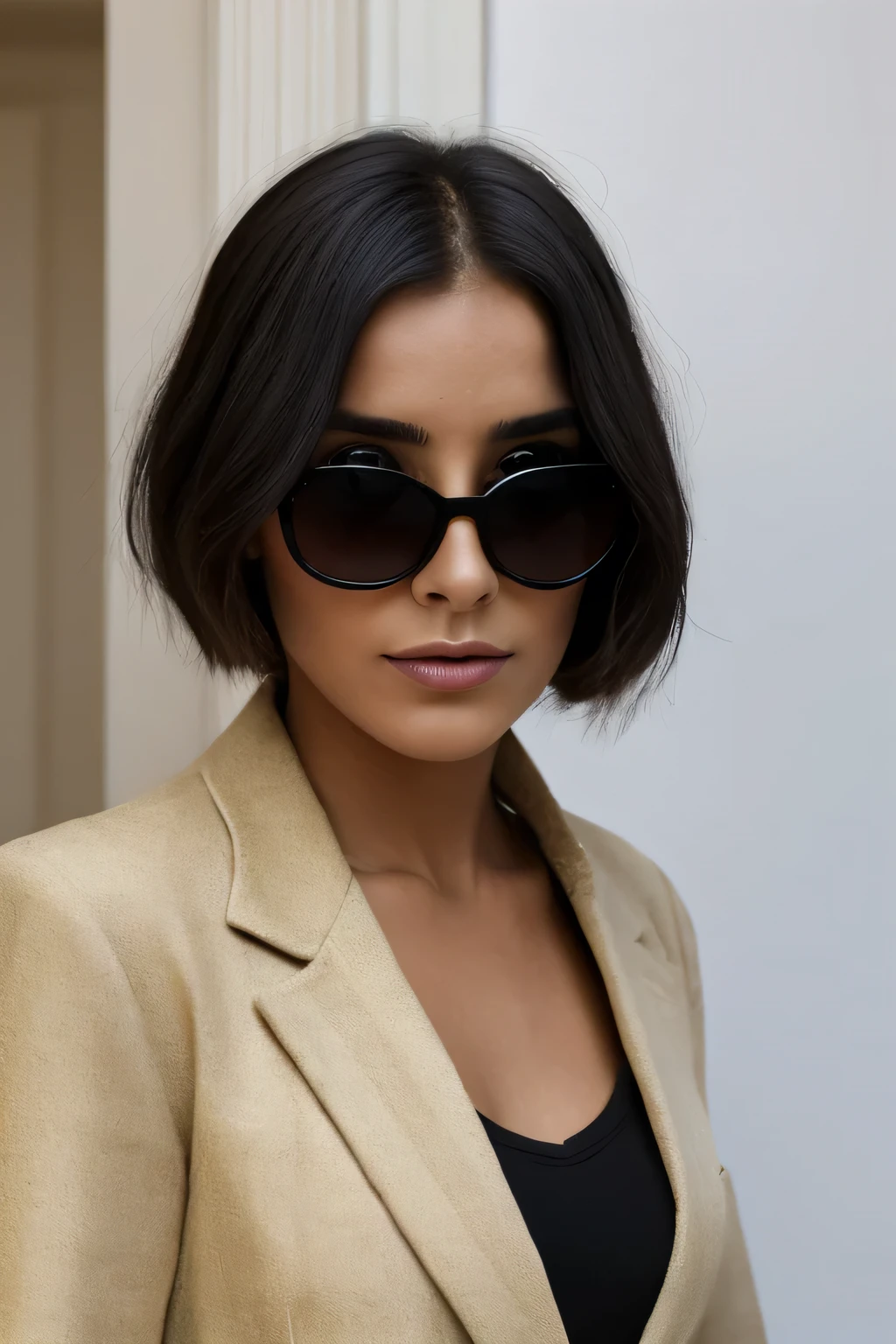 expressionist, a woman standing in front of a store, offwhite, paris hotel style, wearing a black blazer, photo taken in 2018, big sunglasses, blurry, rothko, networking, in front of a two story house, professional profile photo, fancy restaurant, leaning on door, f 2 2, ny, boho, raw, emotional, dynamic, distortion for emotional effect, vibrant, use of unusual colors, detailed