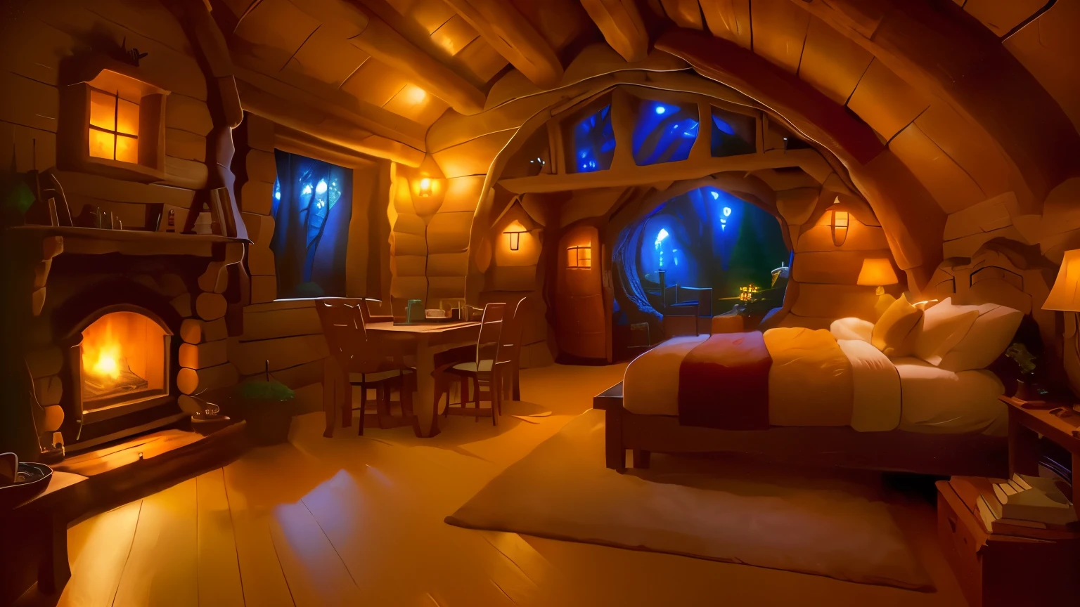 airy room with fireplace and a bed, cozy room, cozy envirnment, in your hobbit house, inside a hobbit hole, cozy and peaceful environment, cozy place, Room at Ghibli Studio, fourth style RPG creator, Personal room background, magical atmosphere, cozy treehouse bedroom, thomas kinkade. cute cozy room, in a cabin, cozy and calm