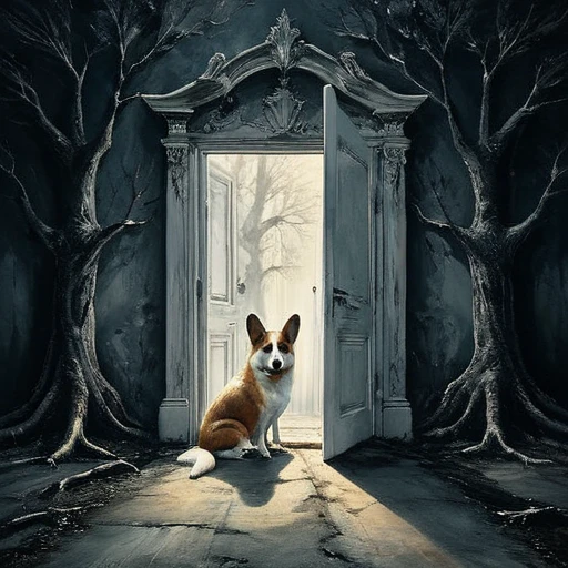 (best quality, super fine, 16k, incredibly absurdres, extremely detailed, 2.5D, delicate and dynamic, three-dimensional effect expressed by light and shade, highres, 8k, masterpiece, immersive atmosphere, film grain)
(a undetailed white door, white door, undetailed door, no details in the center) (Colorful frame around the door, paintings in the wall around, details around, detailed wall, detailed environment, fine detail, optial illusion, complex, hand draw, 3D painting, reality, fantasy art, enhance, intricate, sharp, best quality, masterpiece, Representative work, official art, Professional, 8k, based on the following poem: In the trees I knead the roots and only see my parents—but barely see trees here. In the buildings, I only see the windows and am already in love with what they hide—and I only see Her. In the cars, I only see the shadow and these ghosts haunt me. On the sidewalks, I do not see the viable paths you saw when we were together. And yes, in my house, I no longer see you, I do not dream much. In my hand, I do not see yours and I am already unique. In these fingerprints, I only see the typing touching the world. That I only see another randomly the same first moment—and second, and second, and minute, and I pray, and hour, and delay, night falls, day, and without a sister in the family, I am, week, at my mercy, nothing is mine, month, without a master, semester, without a plan, year, year and a half, without a middle, only an instant... and quickly I descend to the decade. In decadence, I soon reach the decade, and so soon I am already twenty years old...)bic corgis  shadow Ghost
Ghost